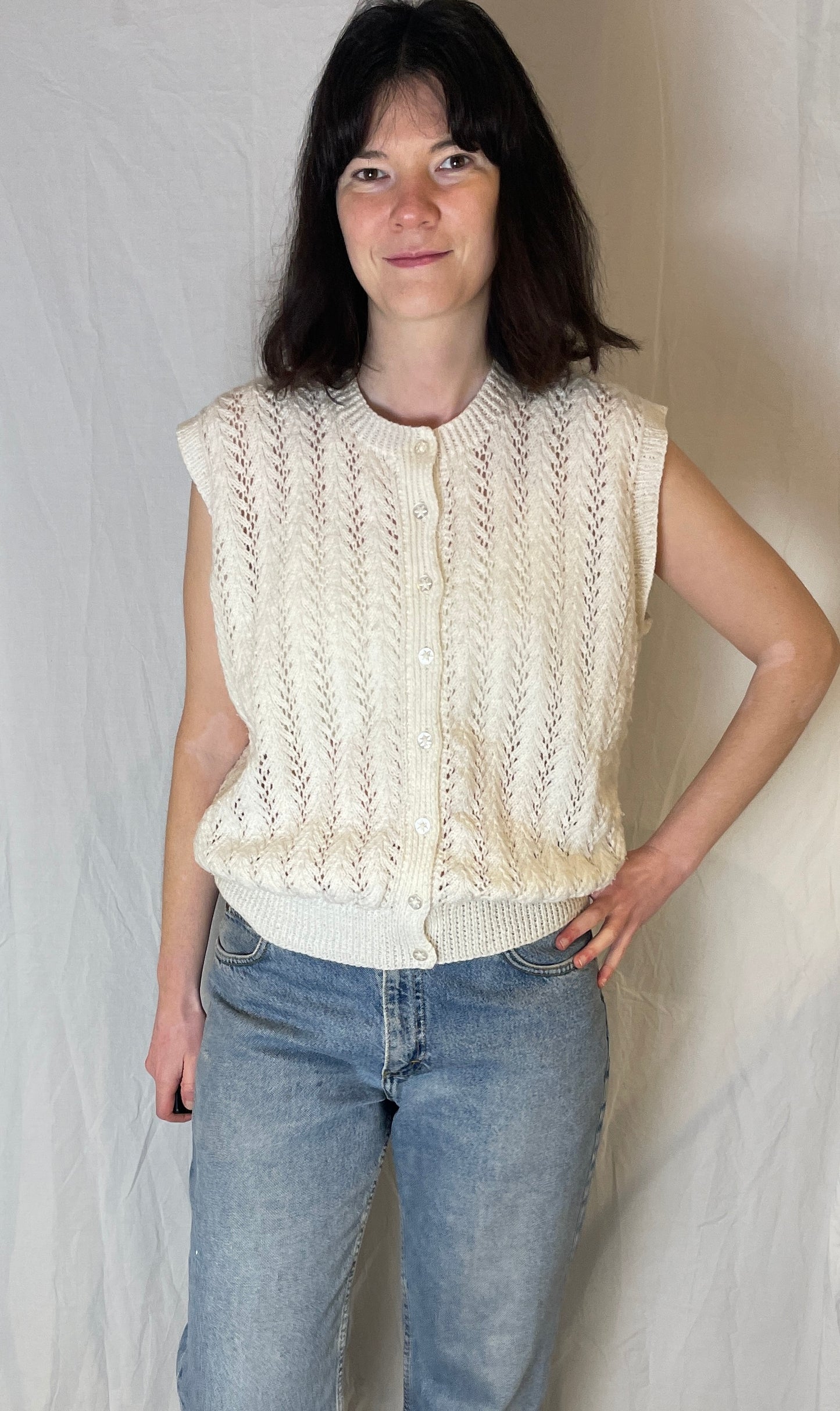 Vintage 90s White Pointelle Handknit Sleeveless Cardigan - Up To Size 14