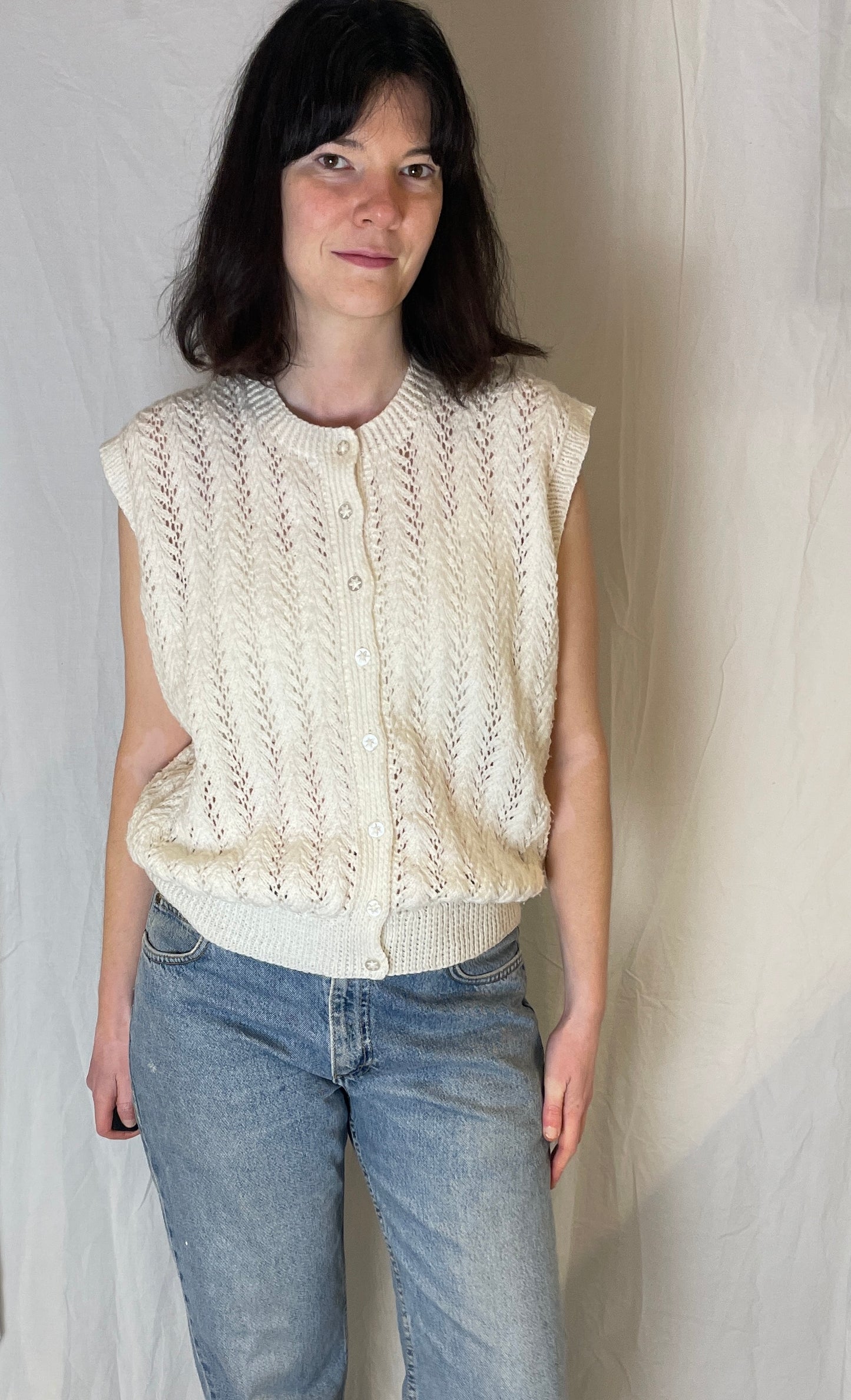 Vintage 90s White Pointelle Handknit Sleeveless Cardigan - Up To Size 14