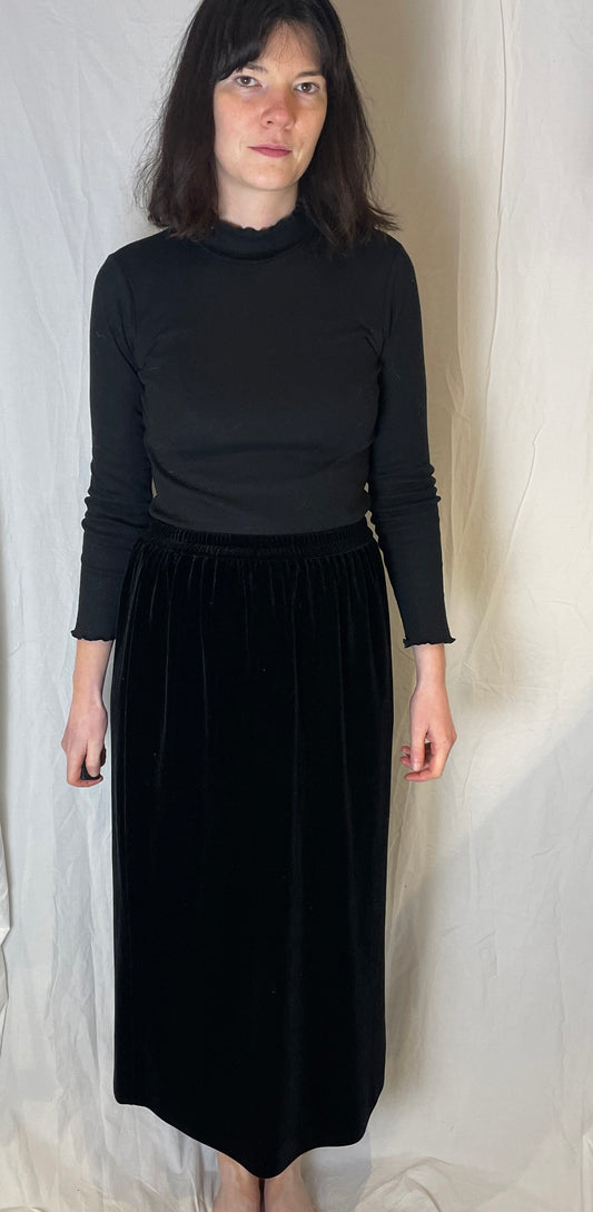 Vintage 90s Black Elastic Waist Velvet Maxi Skirt - Size 14