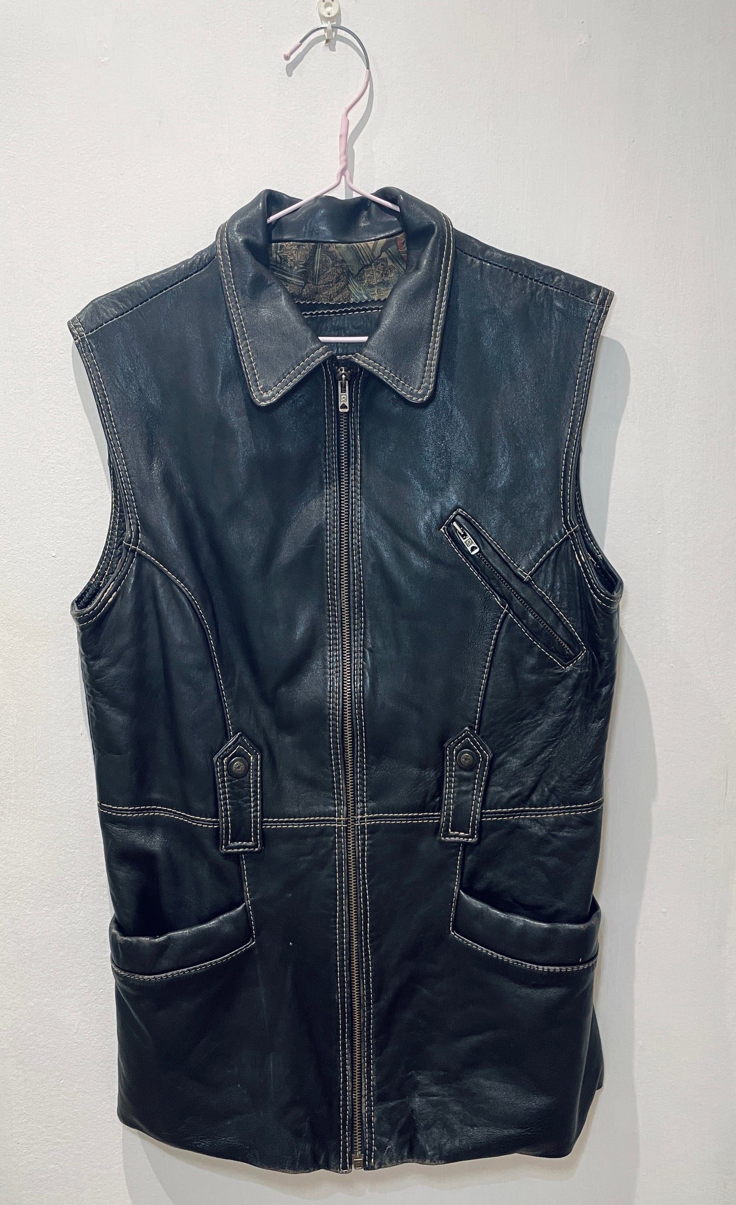 Vintage 90s Black Utility Long Sleeveless Leather Jacket - Up To Size 12