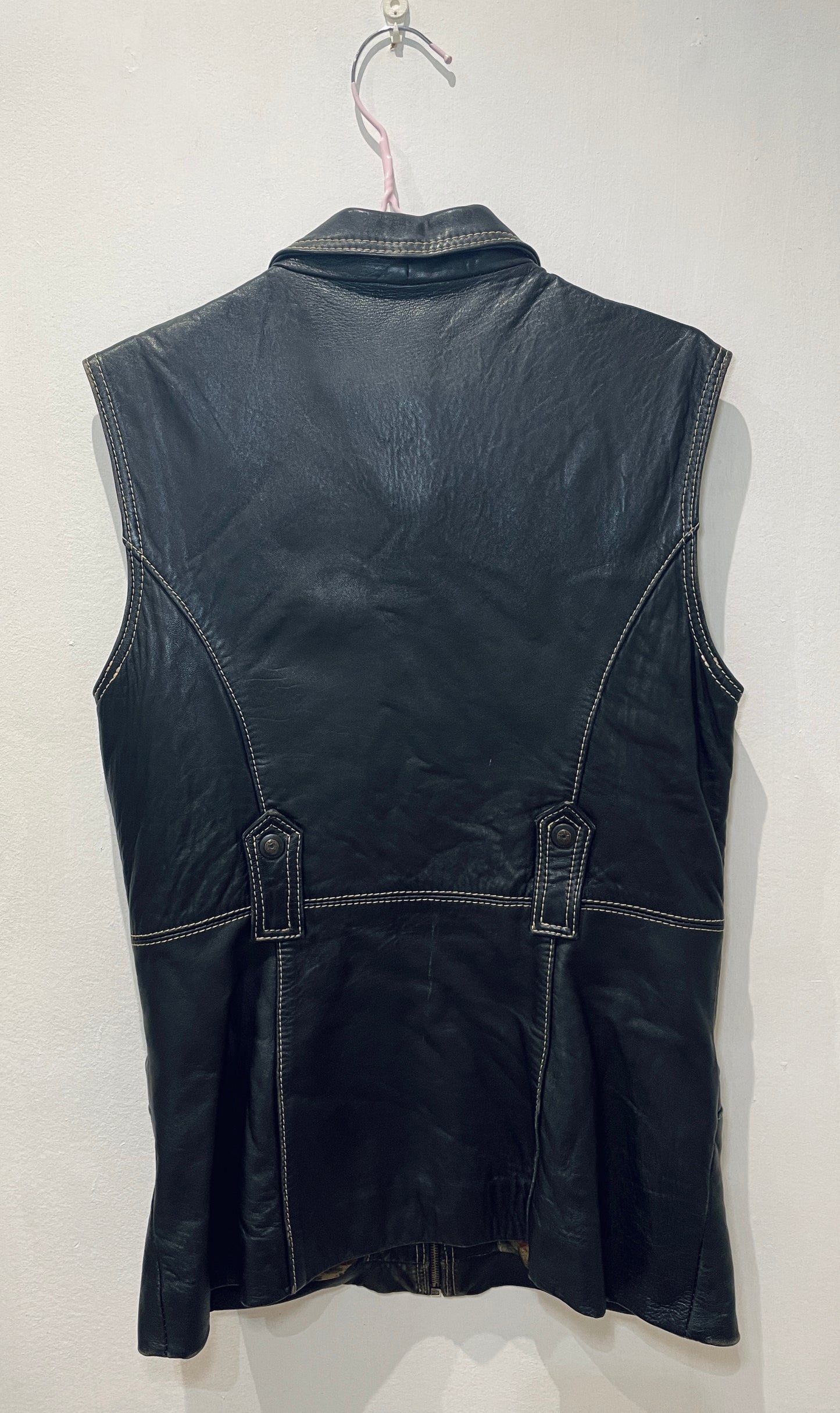 Vintage 90s Black Utility Long Sleeveless Leather Jacket - Up To Size 12