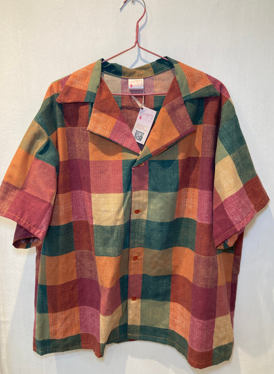 Men’s Revere Collar Short Sleeve Orange Check Shirt - Size L