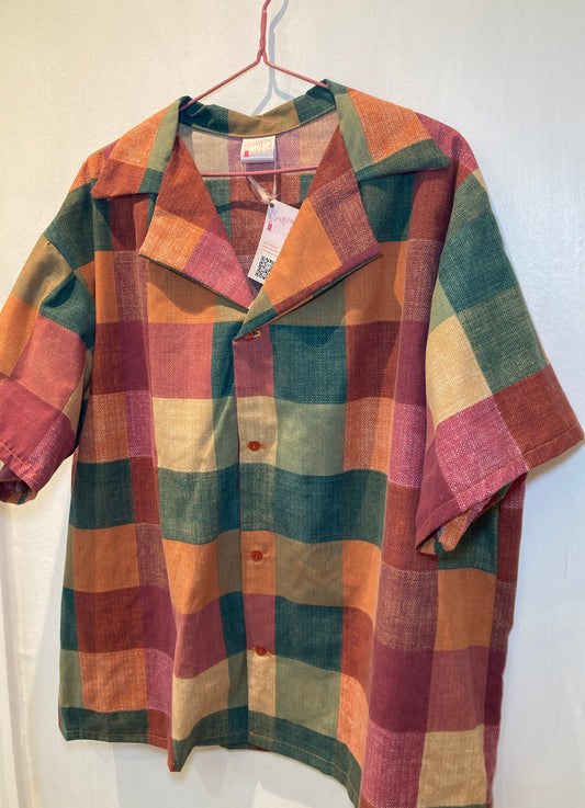 Men’s Revere Collar Short Sleeve Orange Check Shirt - Size L