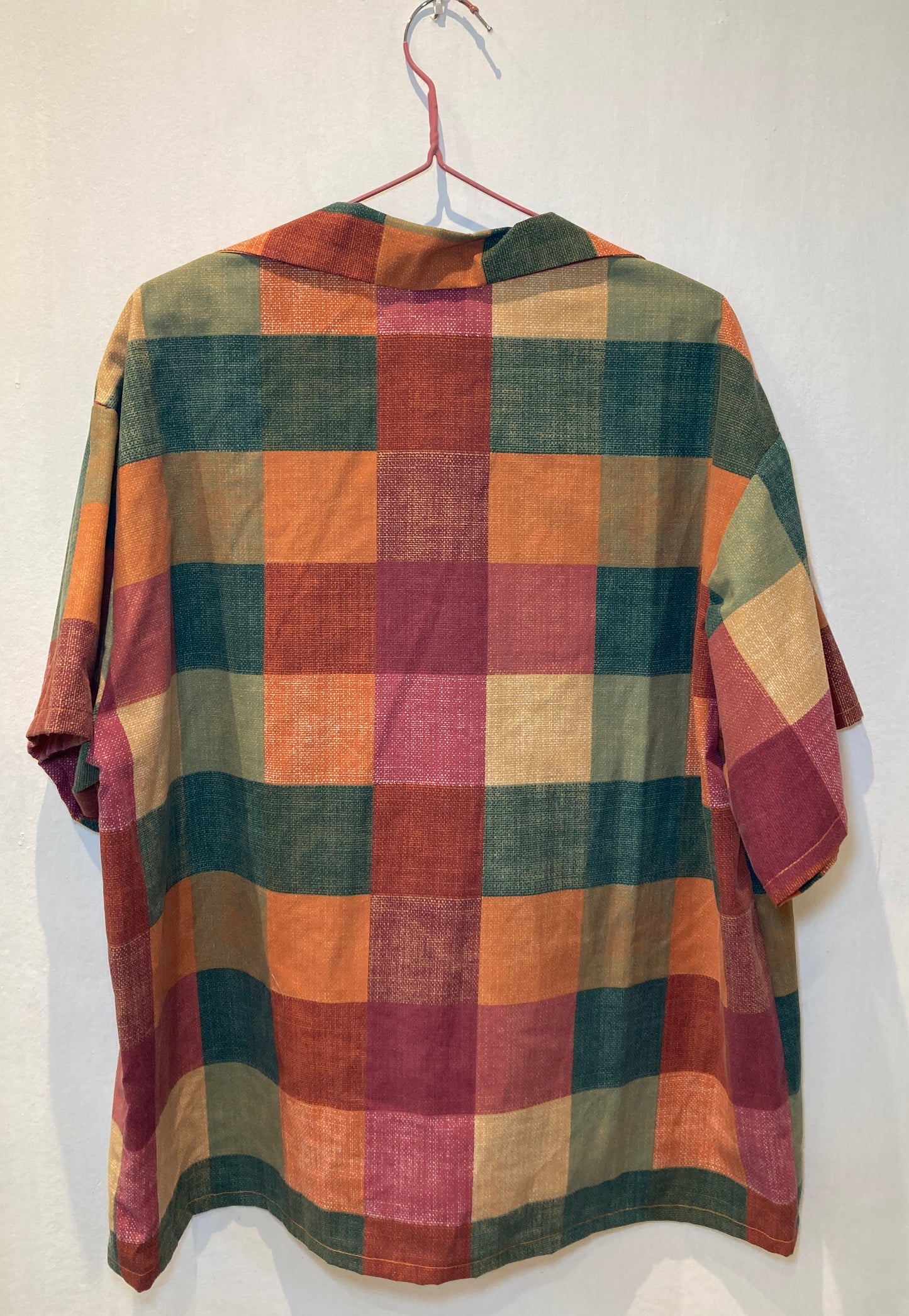 Men’s Revere Collar Short Sleeve Orange Check Shirt - Size L