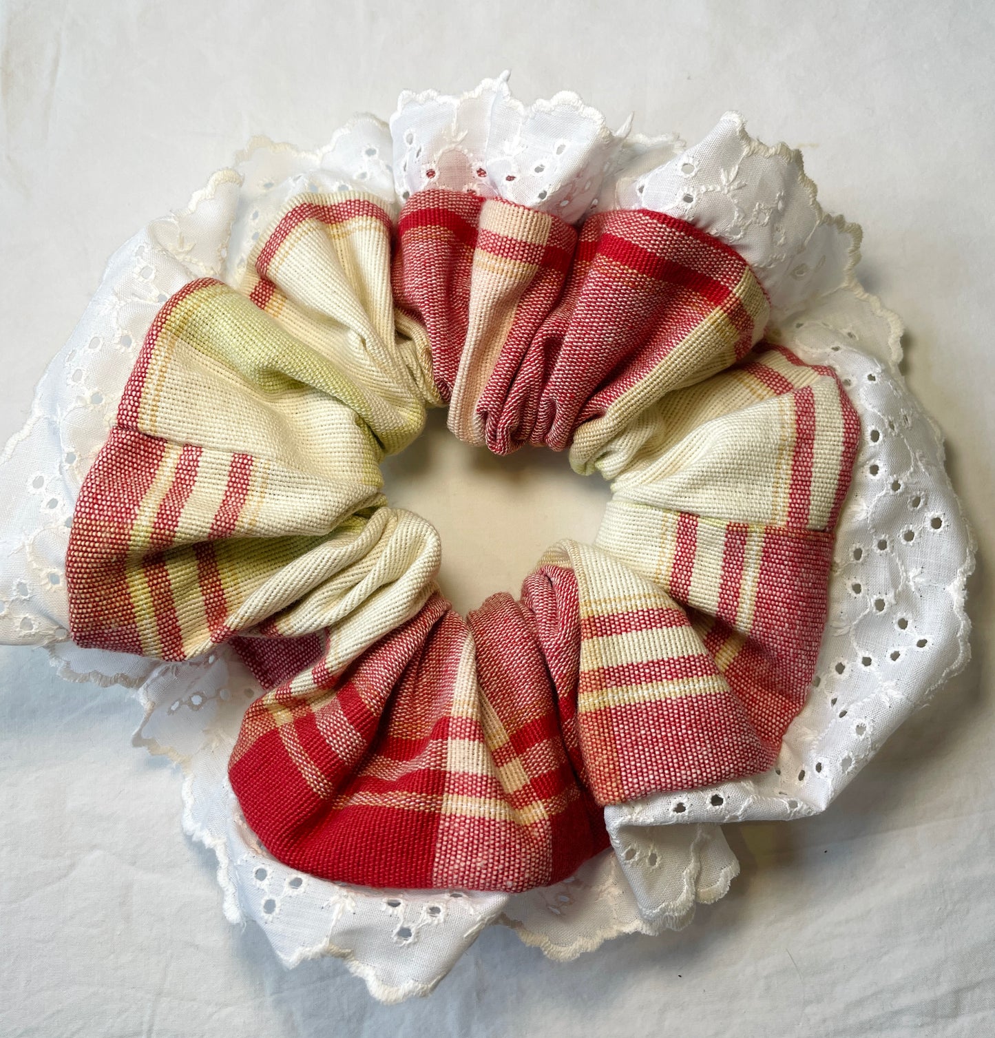 Handmade Red Checked Giant Scrunchie with Broderie Anglais Trim