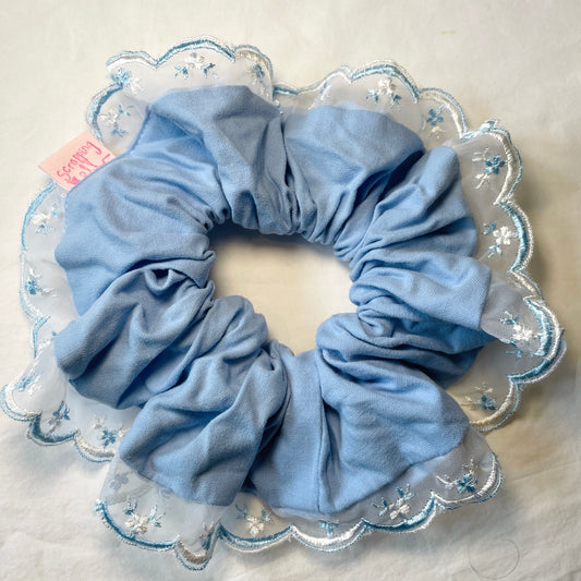 Handmade Blue Cotton Giant Scrunchie with Blue Floral Lace Trim