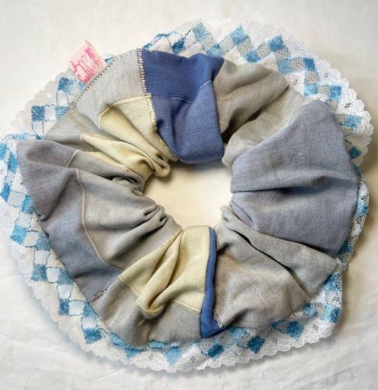 Handmade Blue Checked Giant Scrunchie with Blue Lace Trim