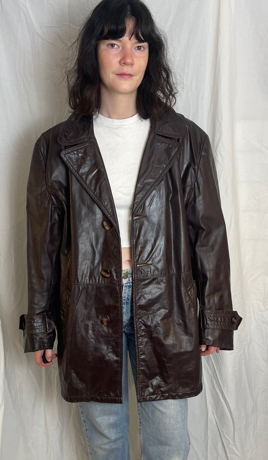 Vintage 90s Brown Long Unisex Leather Jacket - Size L