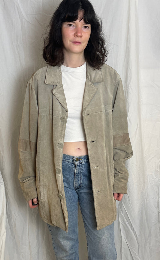 Vintage 90s Grey Long Unisex Suede Leather Shirt Jacket - Size L