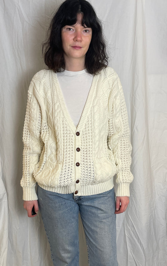 Vintage 90s White Cable Knit V Neck Cardigan - Up To Size 14