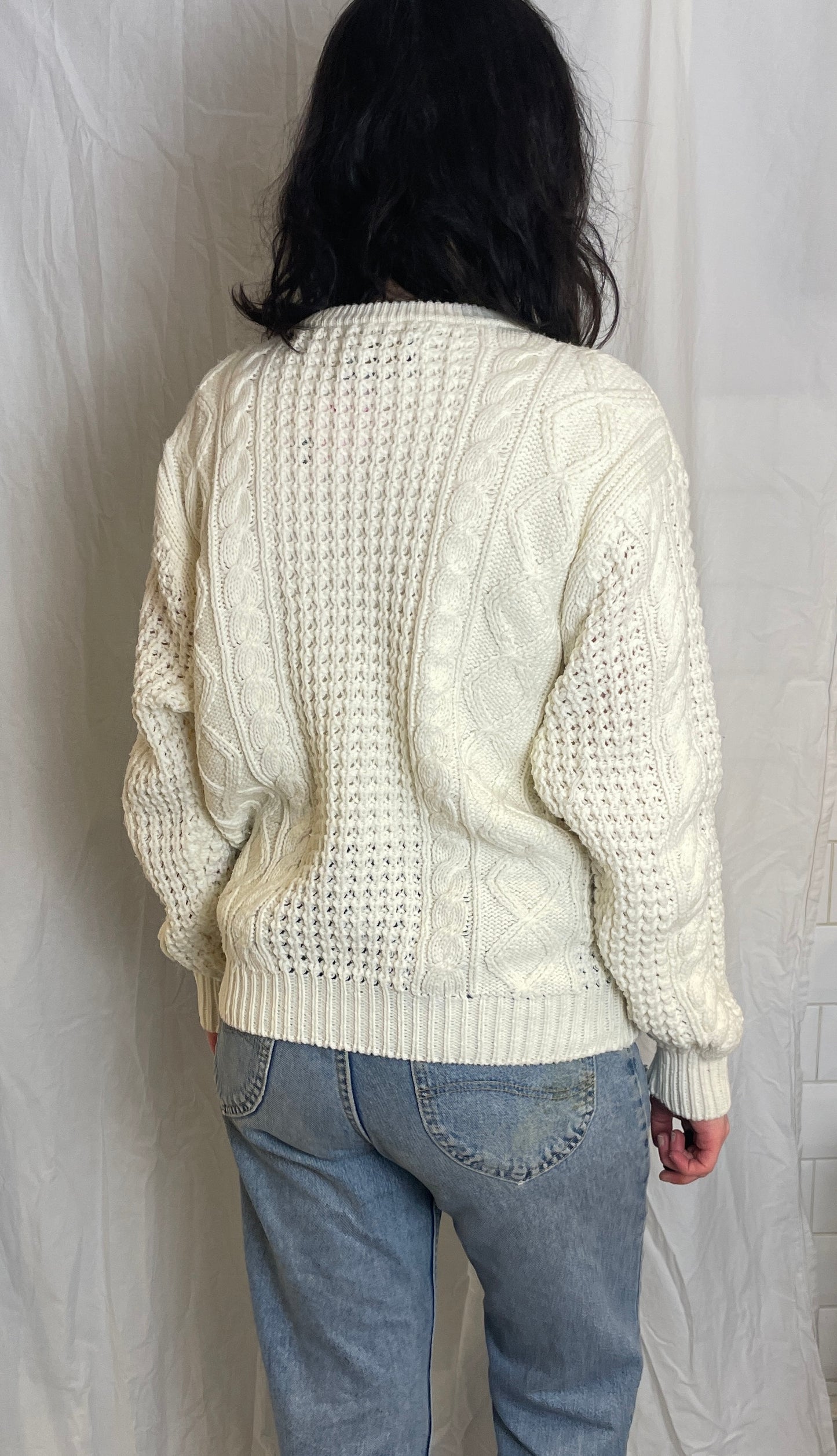 Vintage 90s White Cable Knit V Neck Cardigan - Up To Size 14