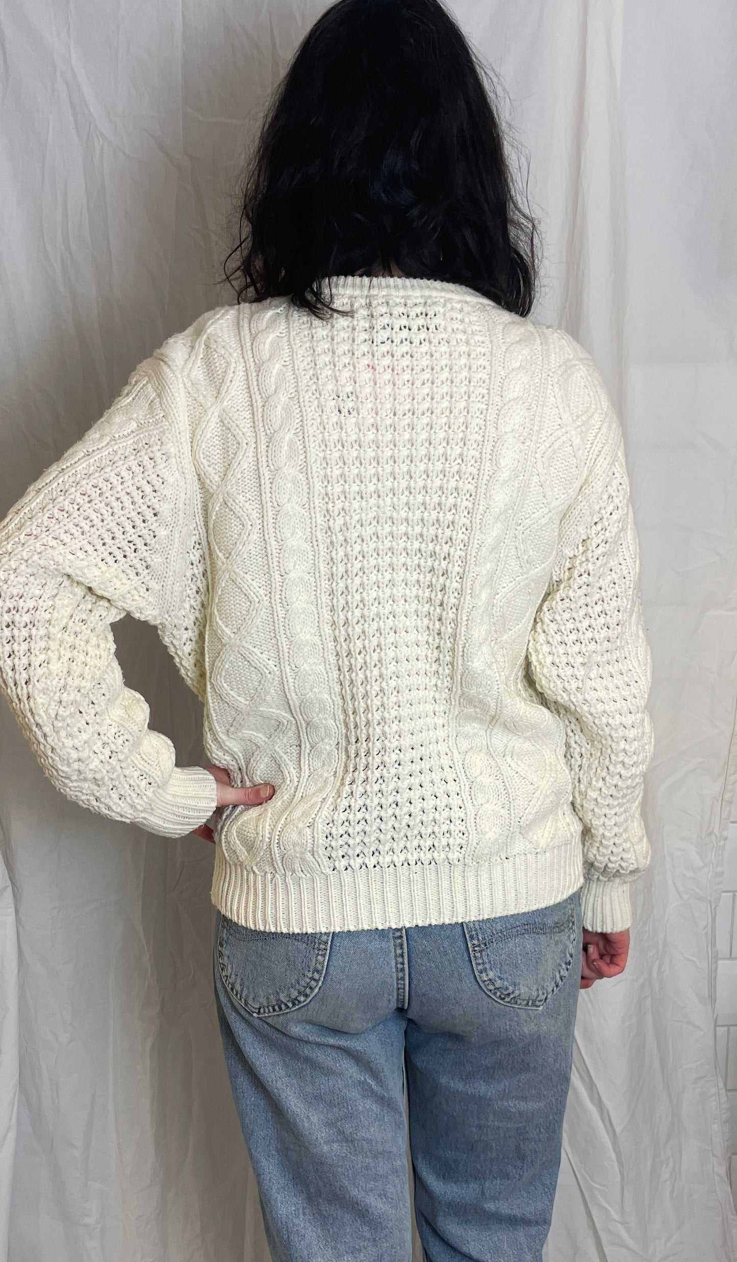 Vintage 90s White Cable Knit V Neck Cardigan - Up To Size 14