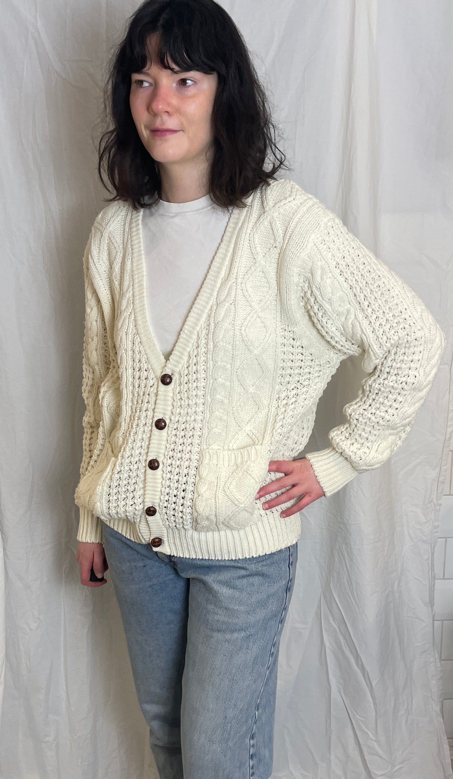 Vintage 90s White Cable Knit V Neck Cardigan - Up To Size 14