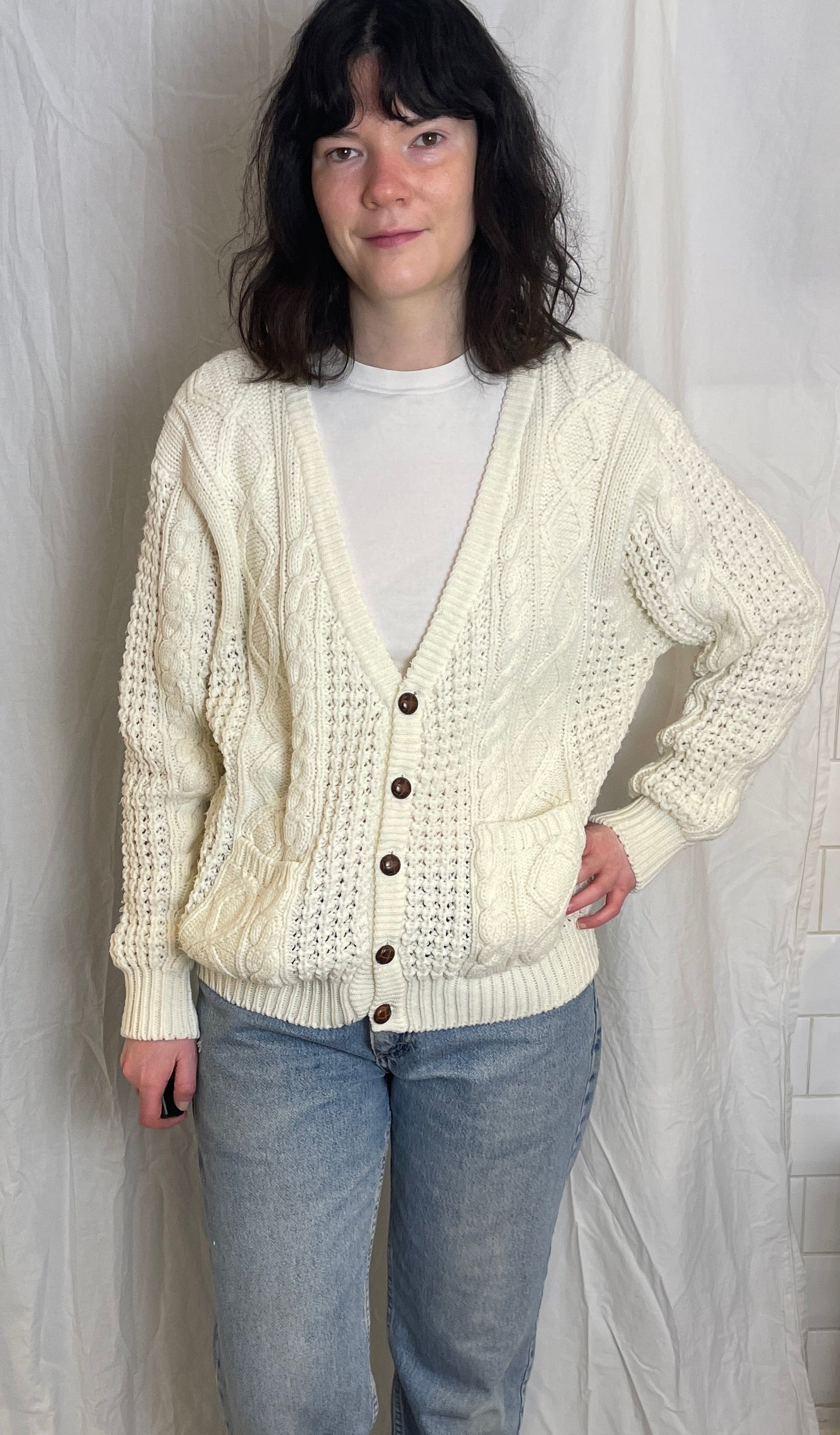 Vintage 90s White Cable Knit V Neck Cardigan - Up To Size 14
