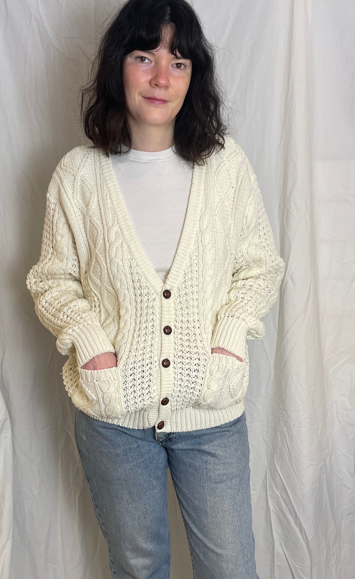 Vintage 90s White Cable Knit V Neck Cardigan - Up To Size 14