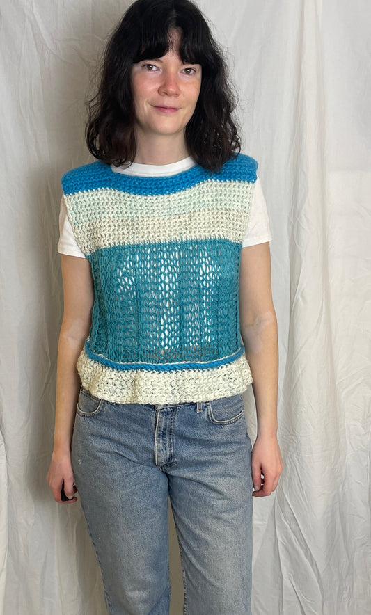 Vintage 90s Blue Striped Handknitted Sleeveless Jumper - Size 12