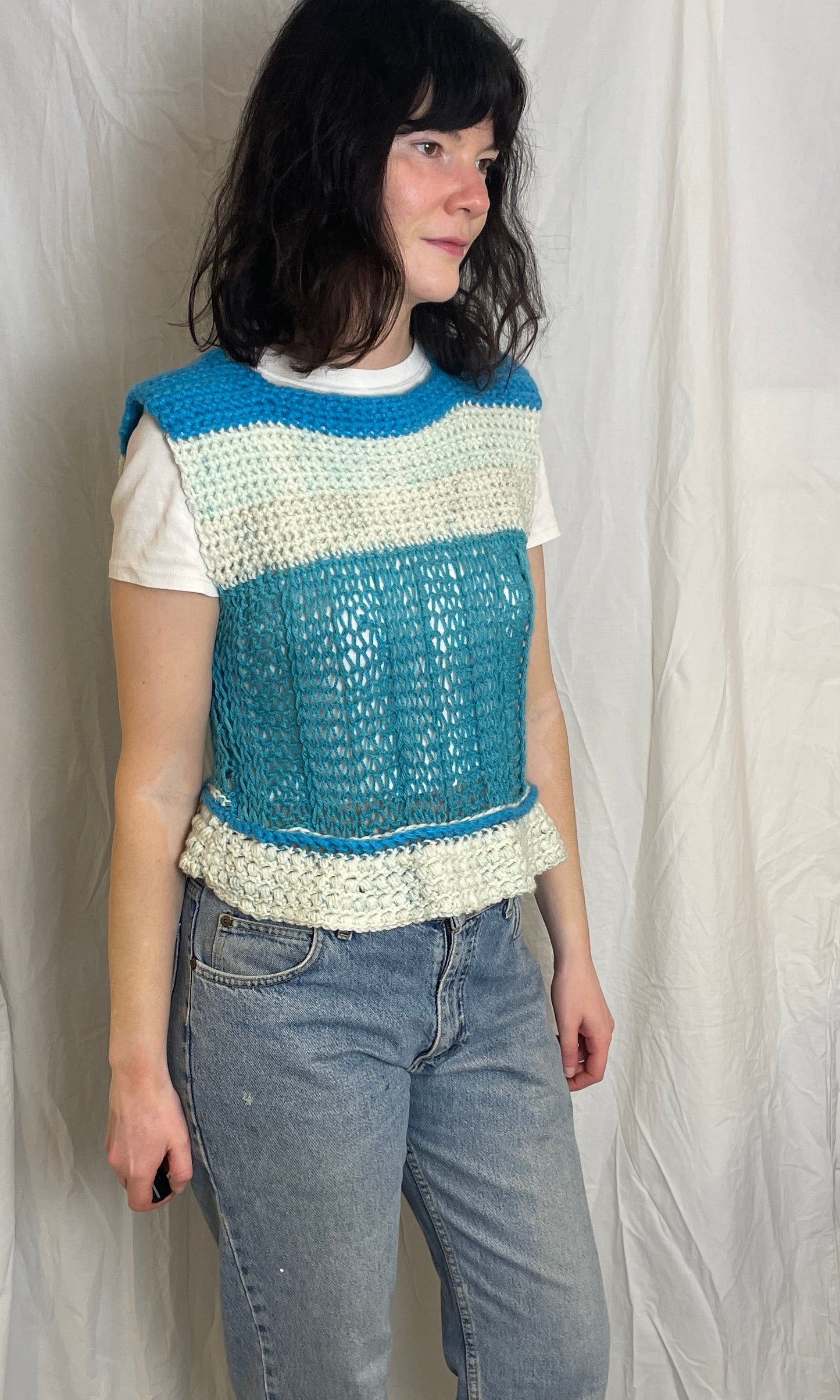Vintage 90s Blue Striped Handknitted Sleeveless Jumper - Size 12