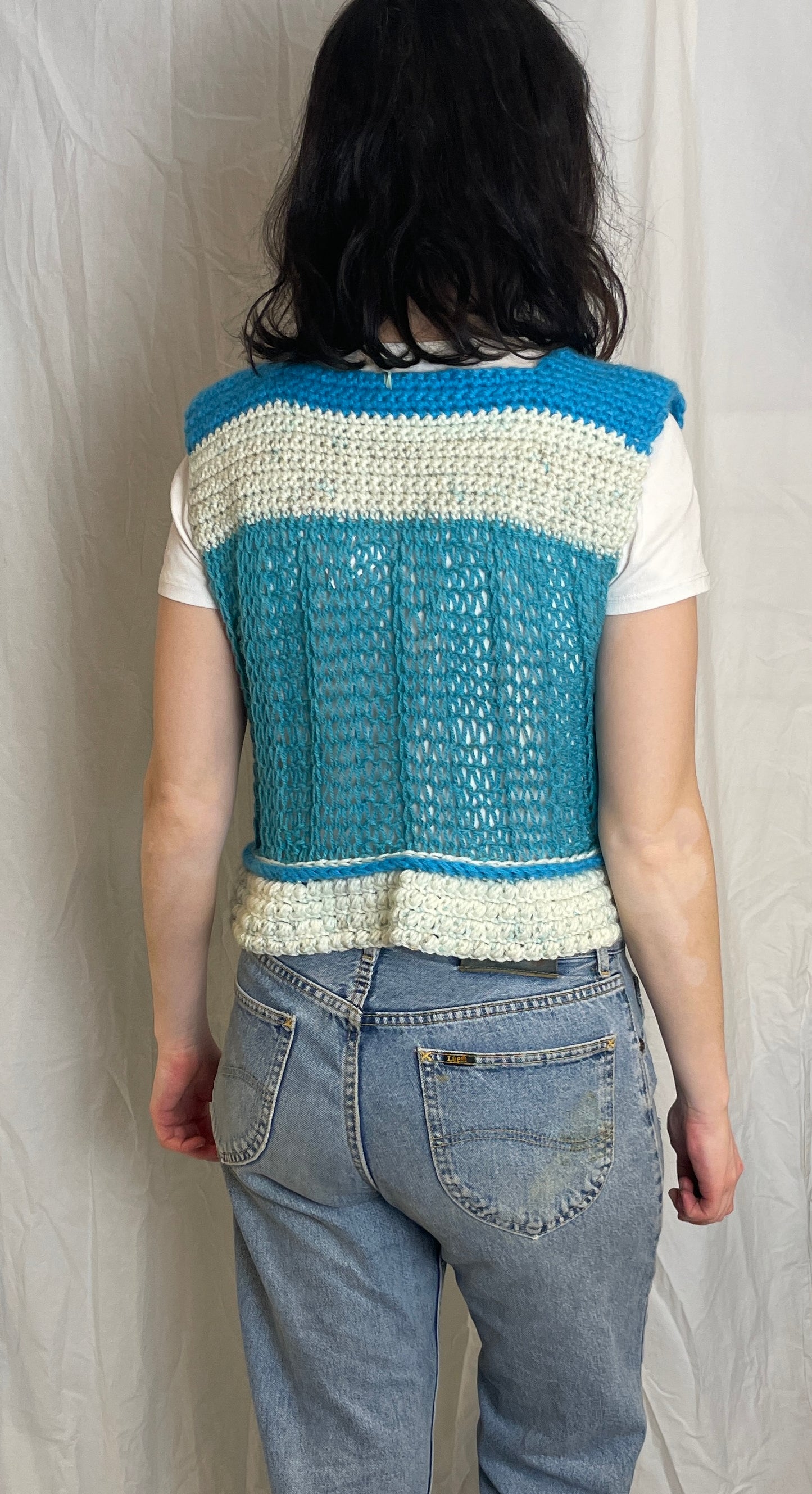 Vintage 90s Blue Striped Handknitted Sleeveless Jumper - Size 12