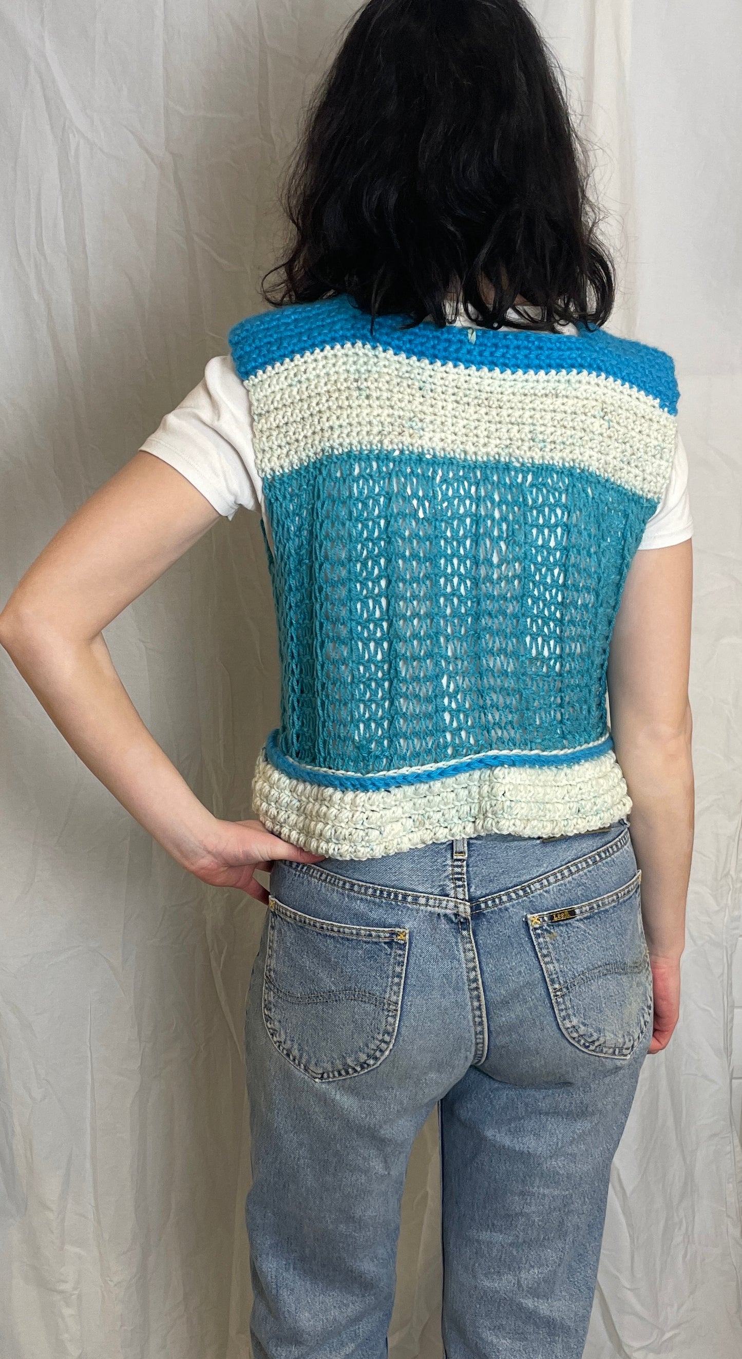 Vintage 90s Blue Striped Handknitted Sleeveless Jumper - Size 12