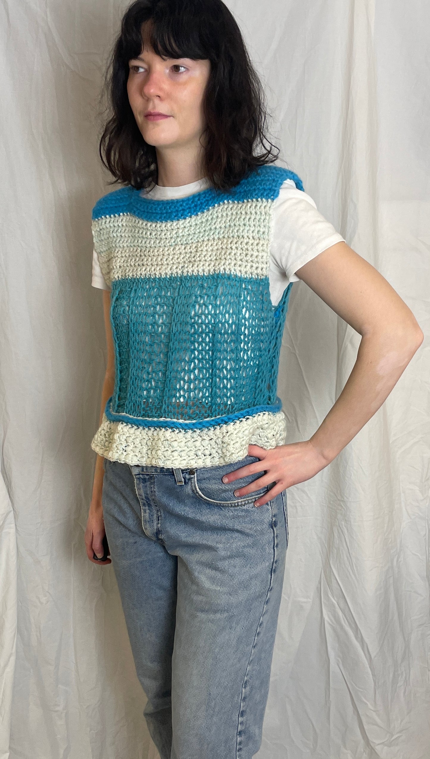 Vintage 90s Blue Striped Handknitted Sleeveless Jumper - Size 12