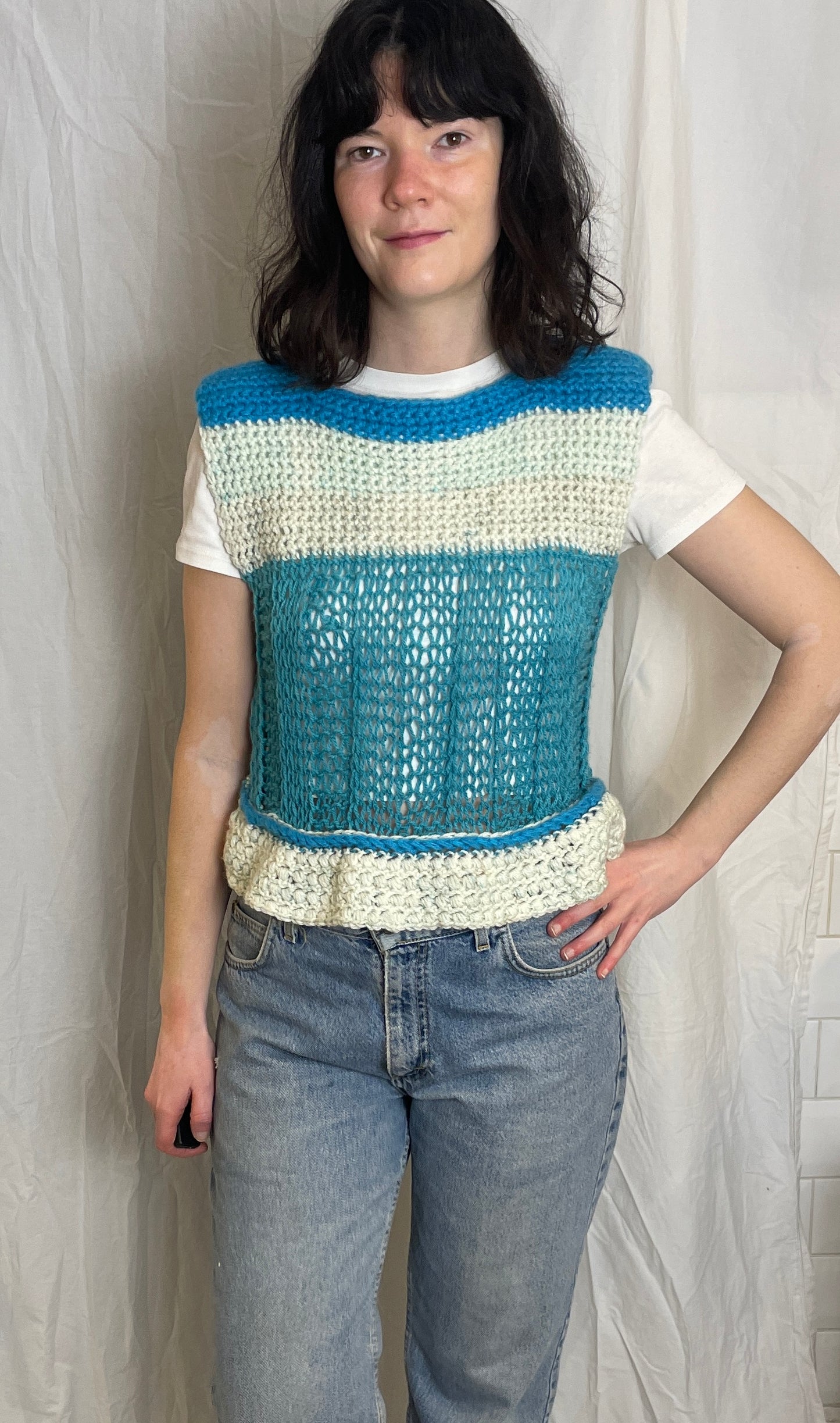 Vintage 90s Blue Striped Handknitted Sleeveless Jumper - Size 12