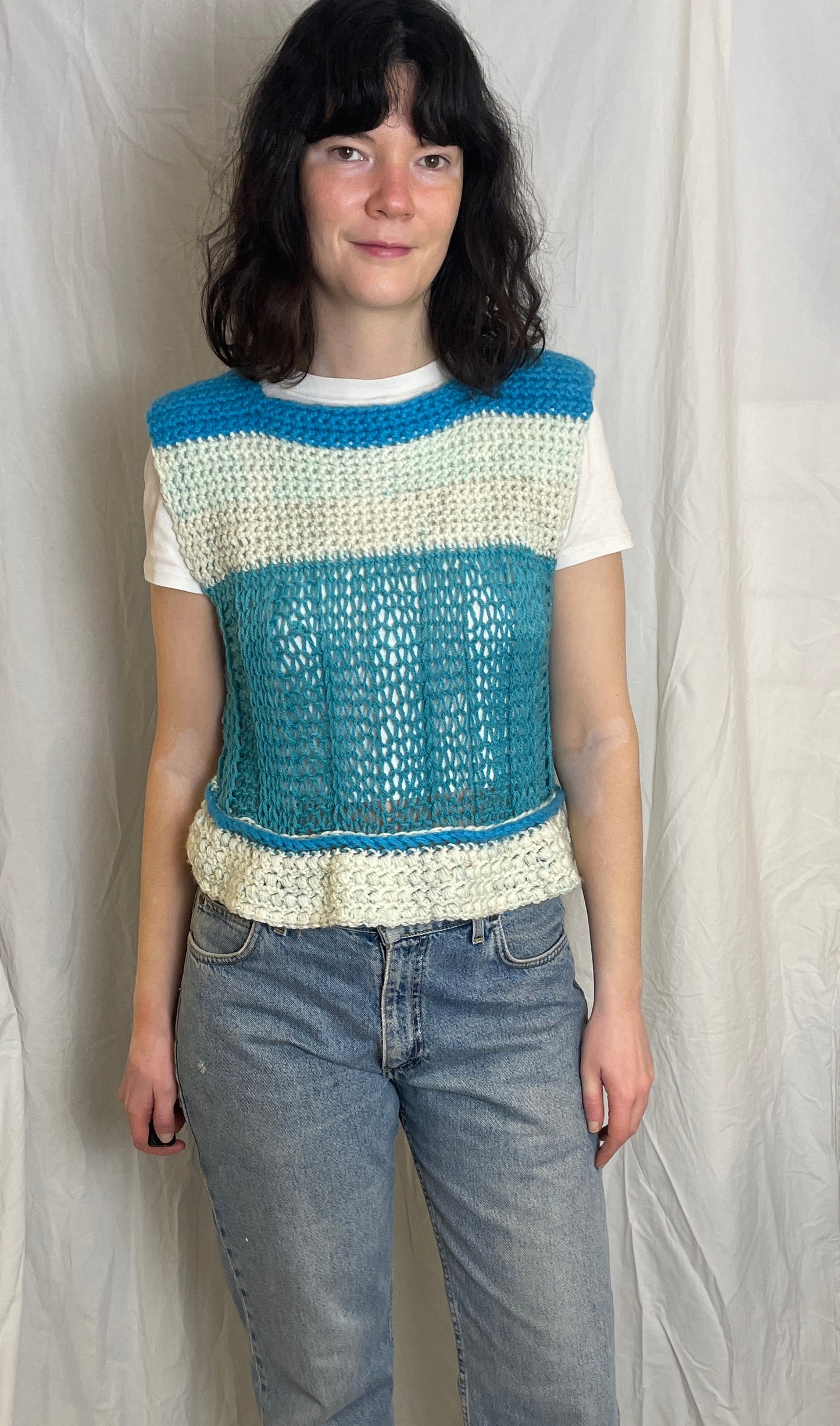 Vintage 90s Blue Striped Handknitted Sleeveless Jumper - Size 12