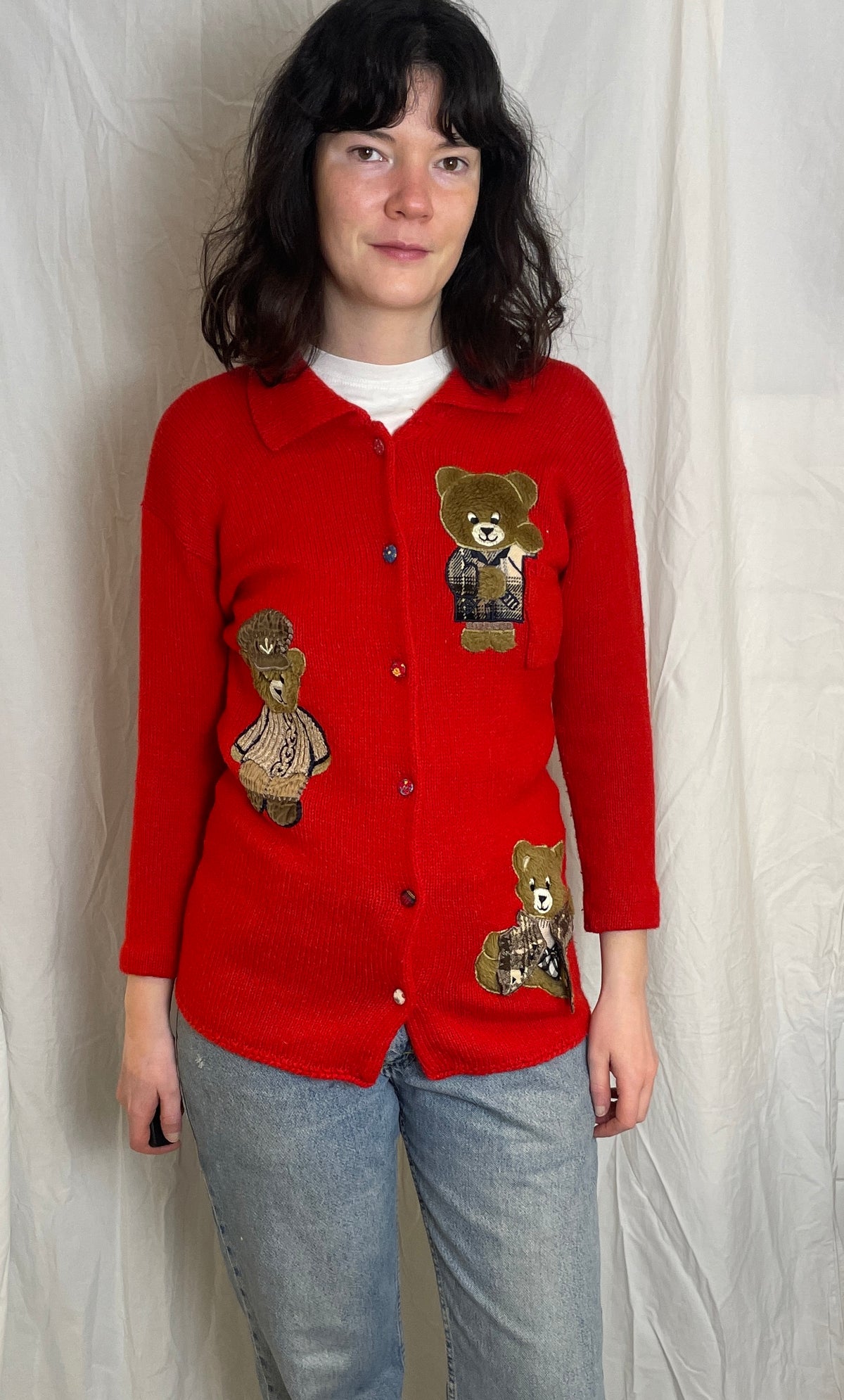 Vintage 90s Red Knitted Teddy Bear Applique Cardigan with Collar - Size 10
