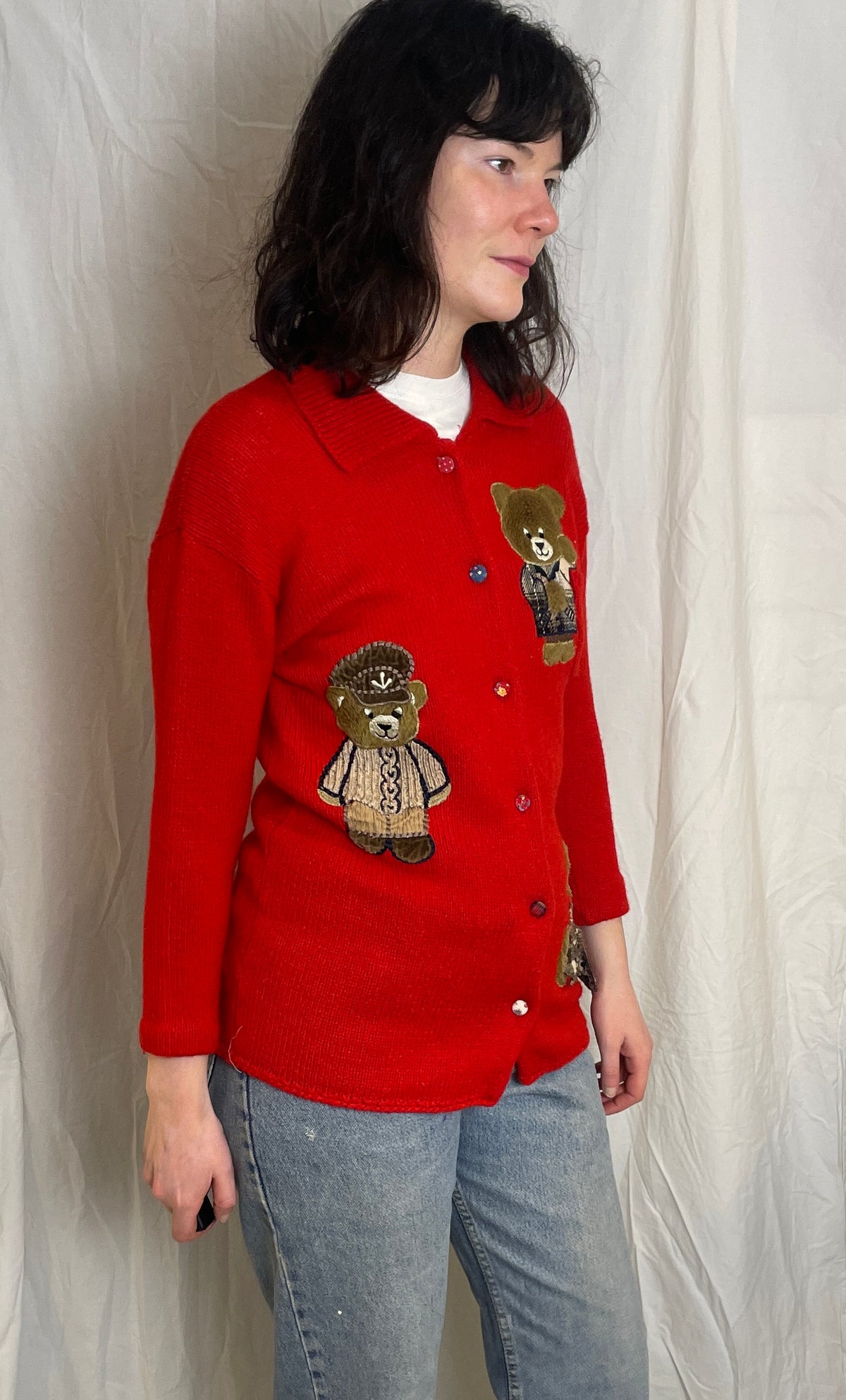 Vintage 90s Red Knitted Teddy Bear Applique Cardigan with Collar - Size 10