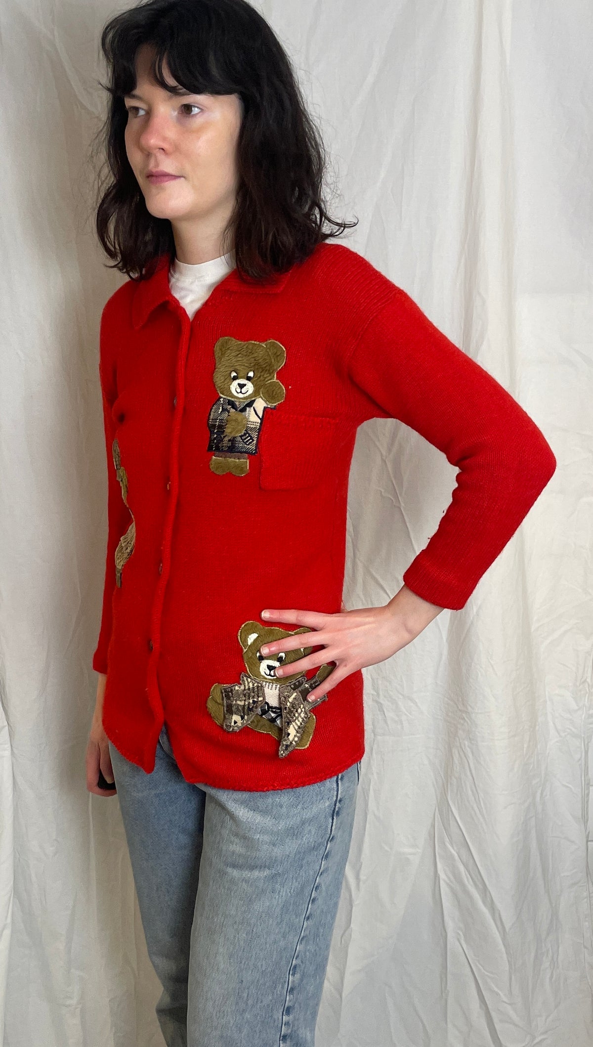 Vintage 90s Red Knitted Teddy Bear Applique Cardigan with Collar - Size 10