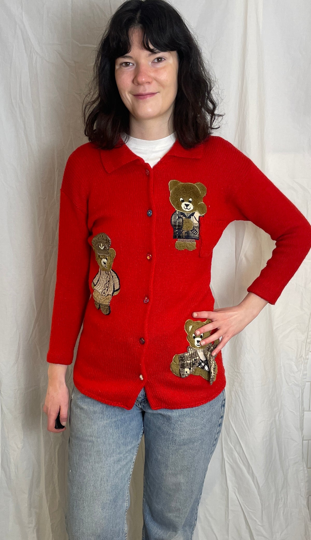 Vintage 90s Red Knitted Teddy Bear Applique Cardigan with Collar - Size 10