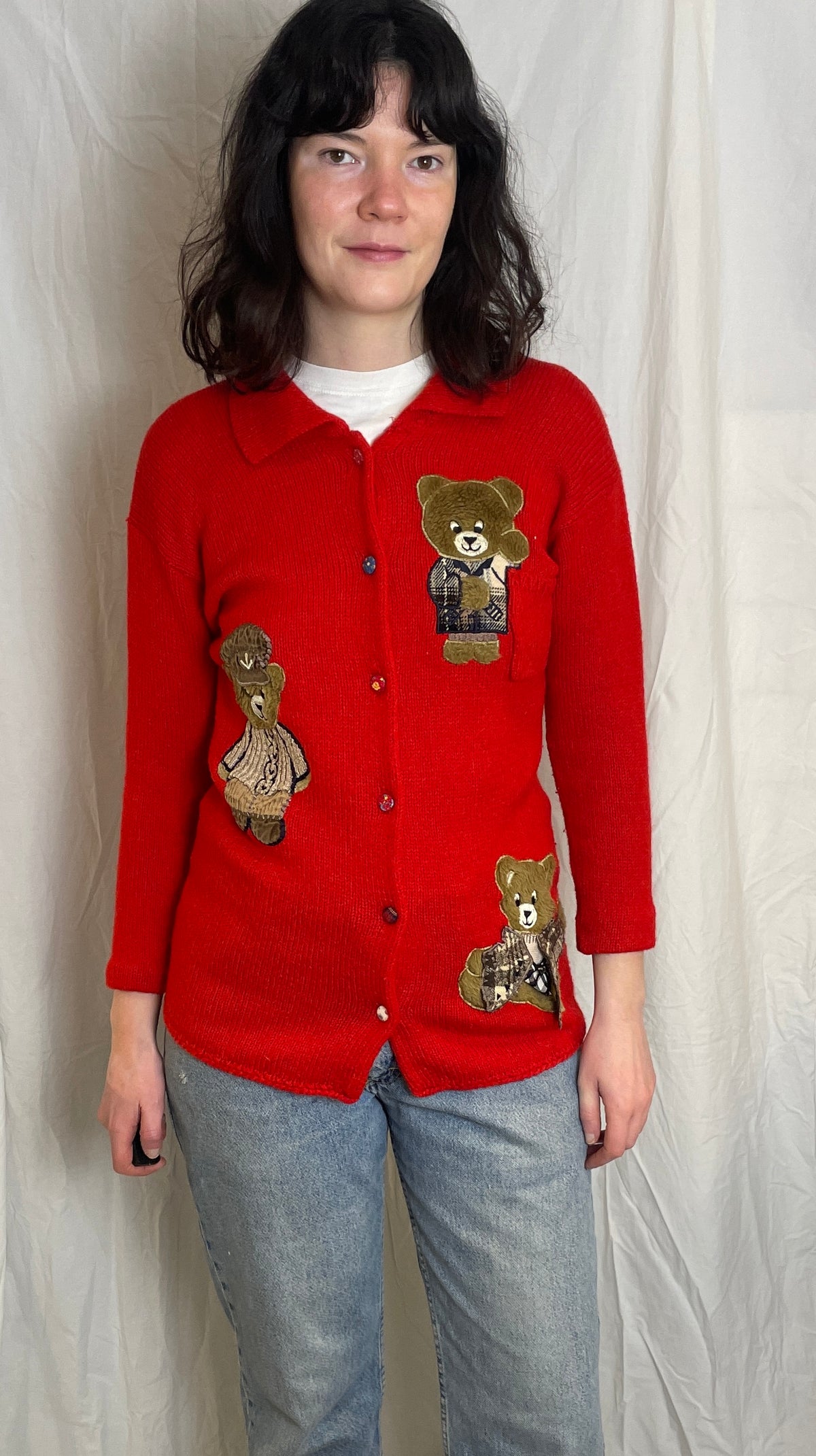 Vintage 90s Red Knitted Teddy Bear Applique Cardigan with Collar - Size 10