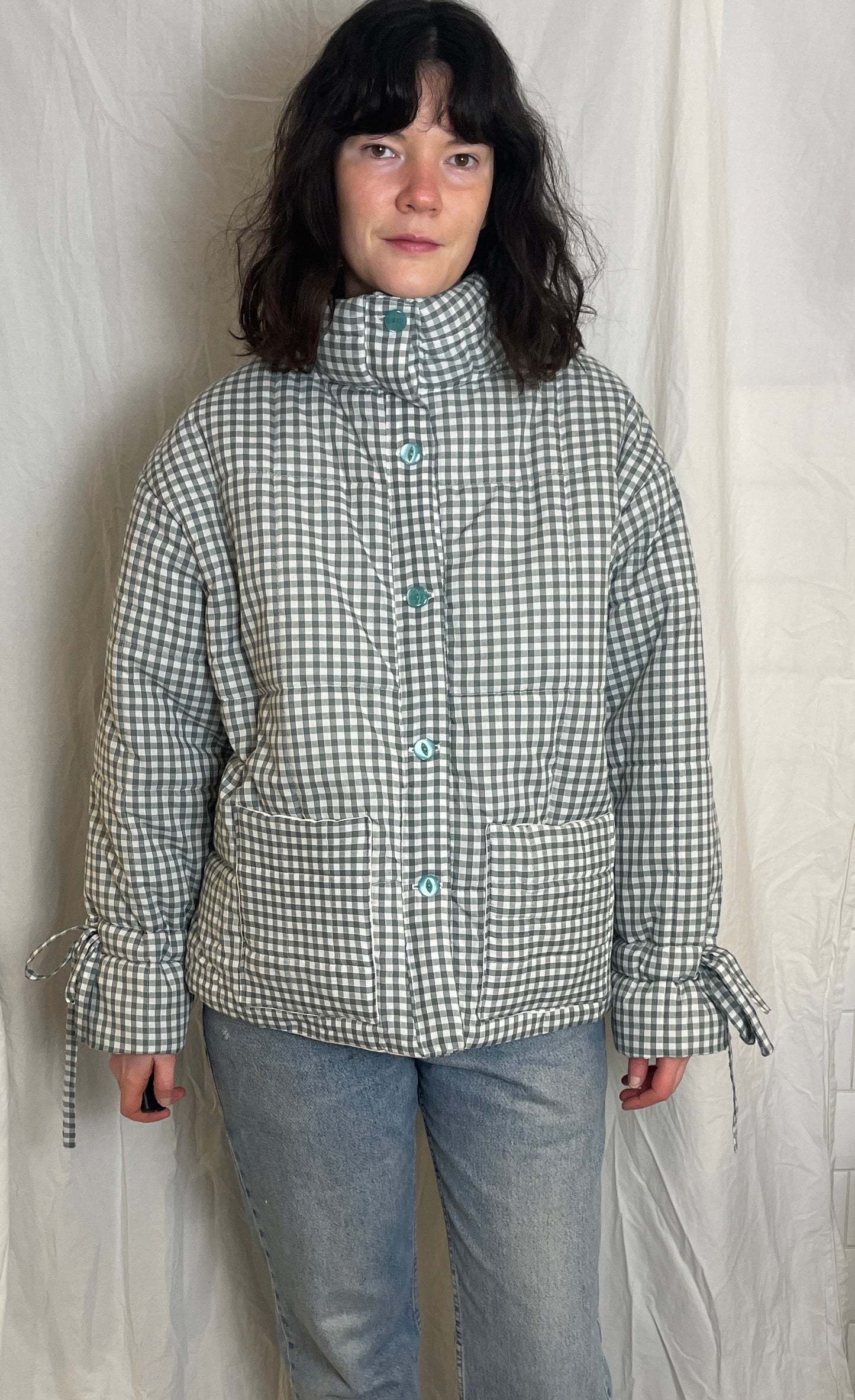 Handmade Green Gingham High Neck Quilted Puffer Jacket with Drawstring Cuffs - Size L