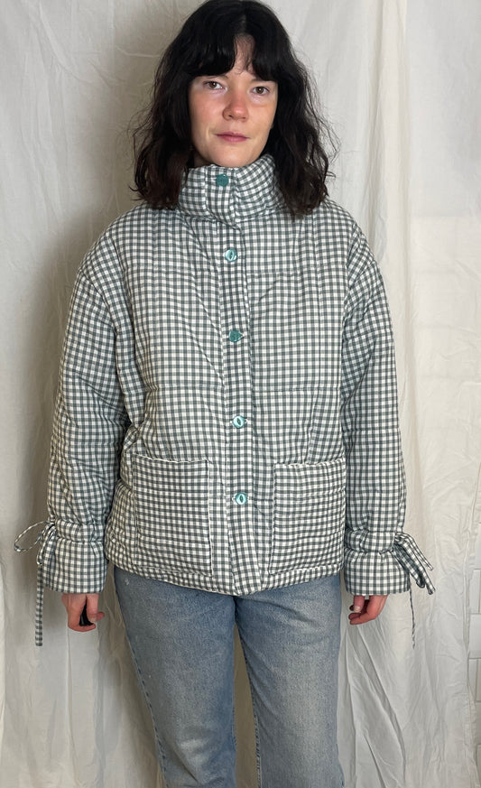 Handmade Green Gingham High Neck Quilted Puffer Jacket with Drawstring Cuffs - Size L
