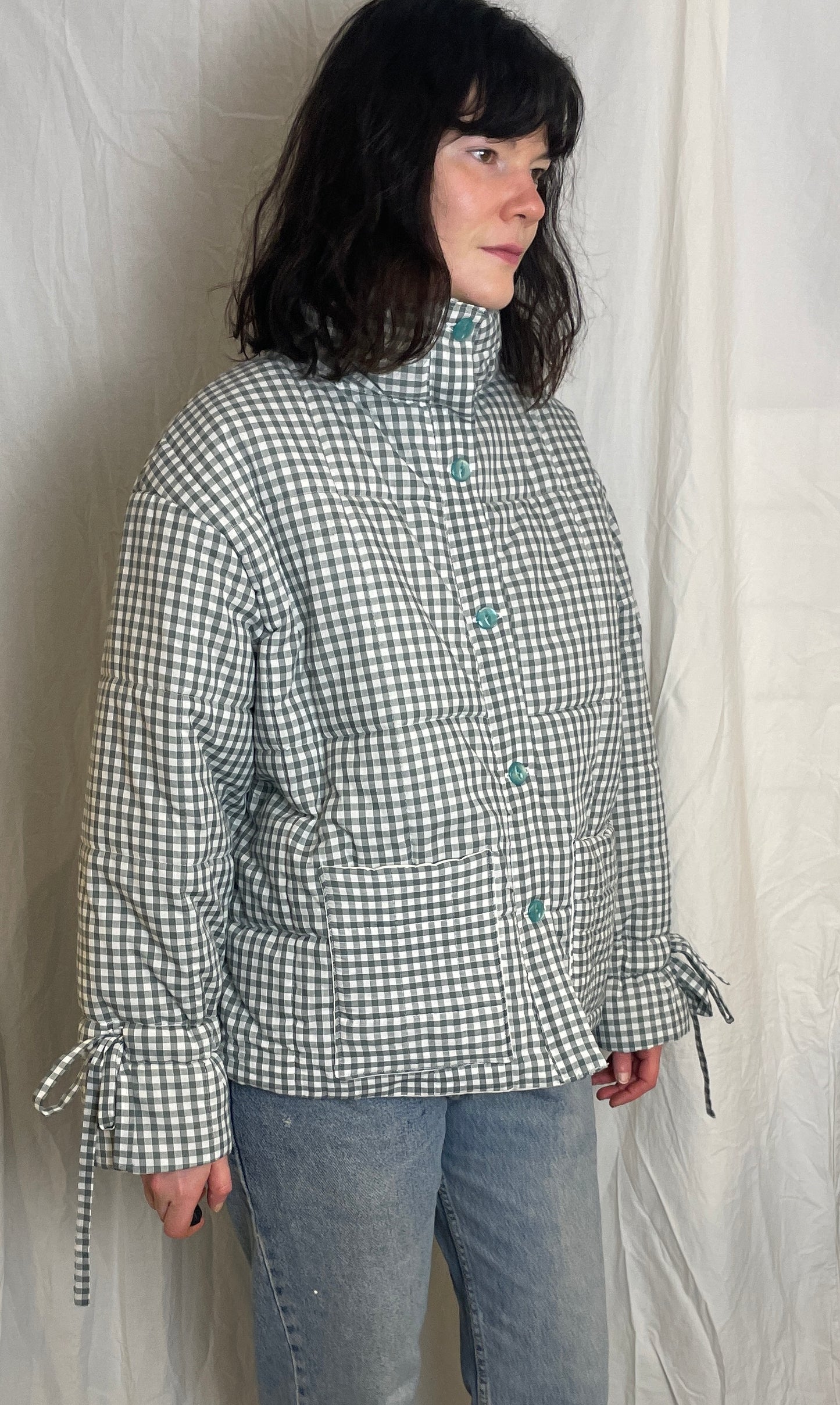 Handmade Green Gingham High Neck Quilted Puffer Jacket with Drawstring Cuffs - Size L
