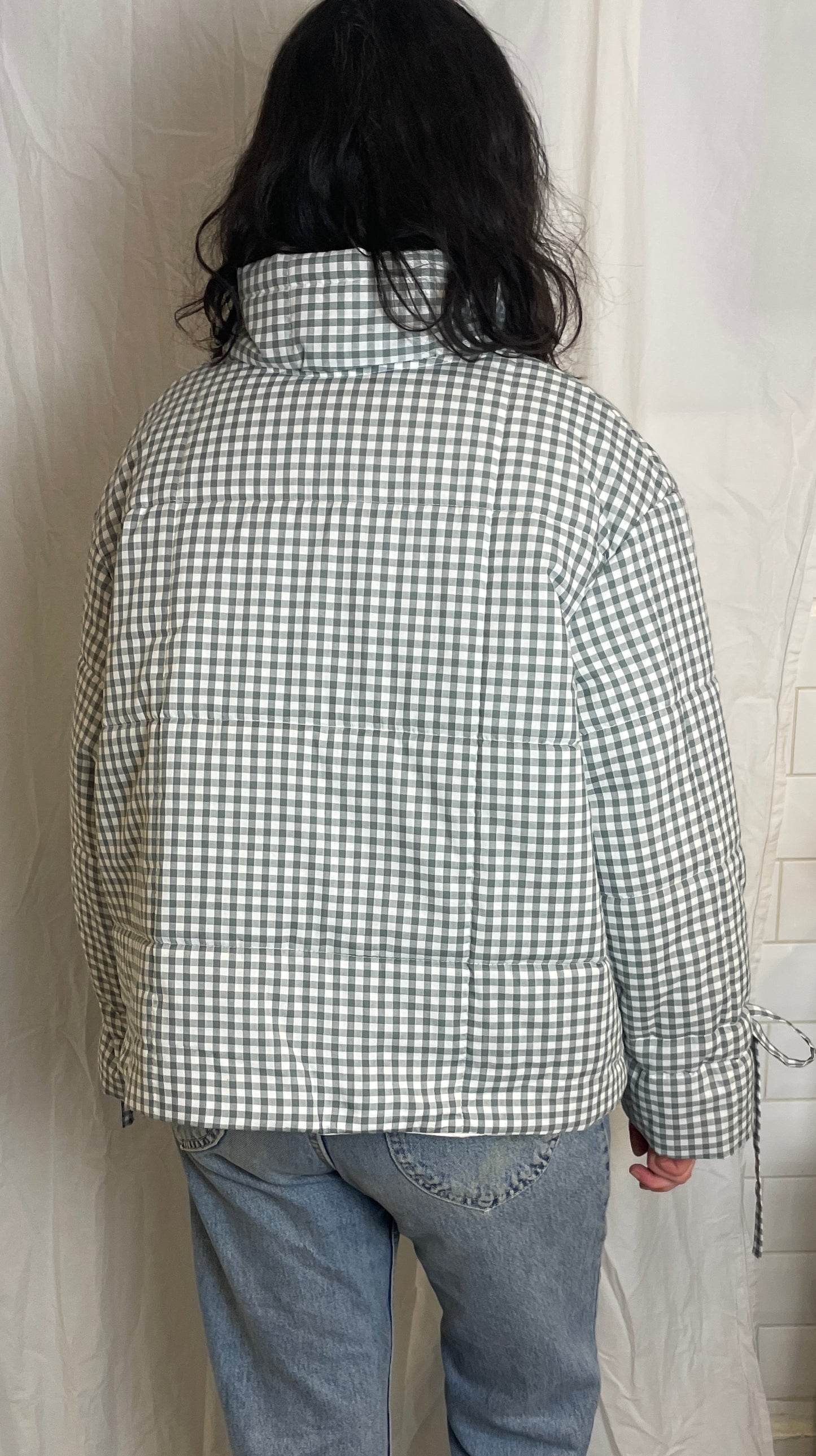 Handmade Green Gingham High Neck Quilted Puffer Jacket with Drawstring Cuffs - Size L