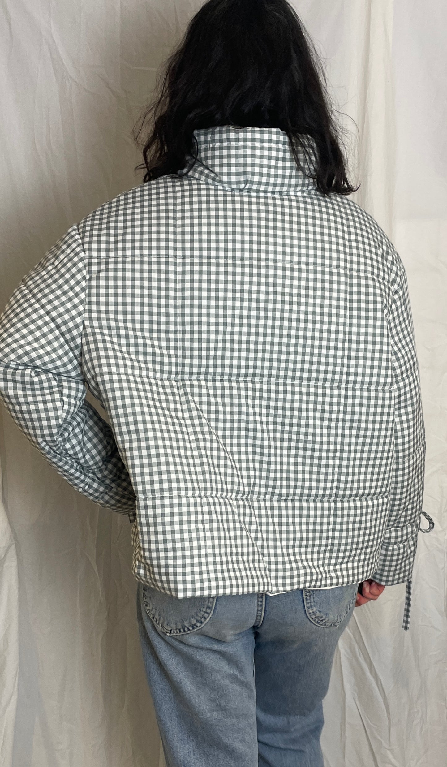 Handmade Green Gingham High Neck Quilted Puffer Jacket with Drawstring Cuffs - Size L