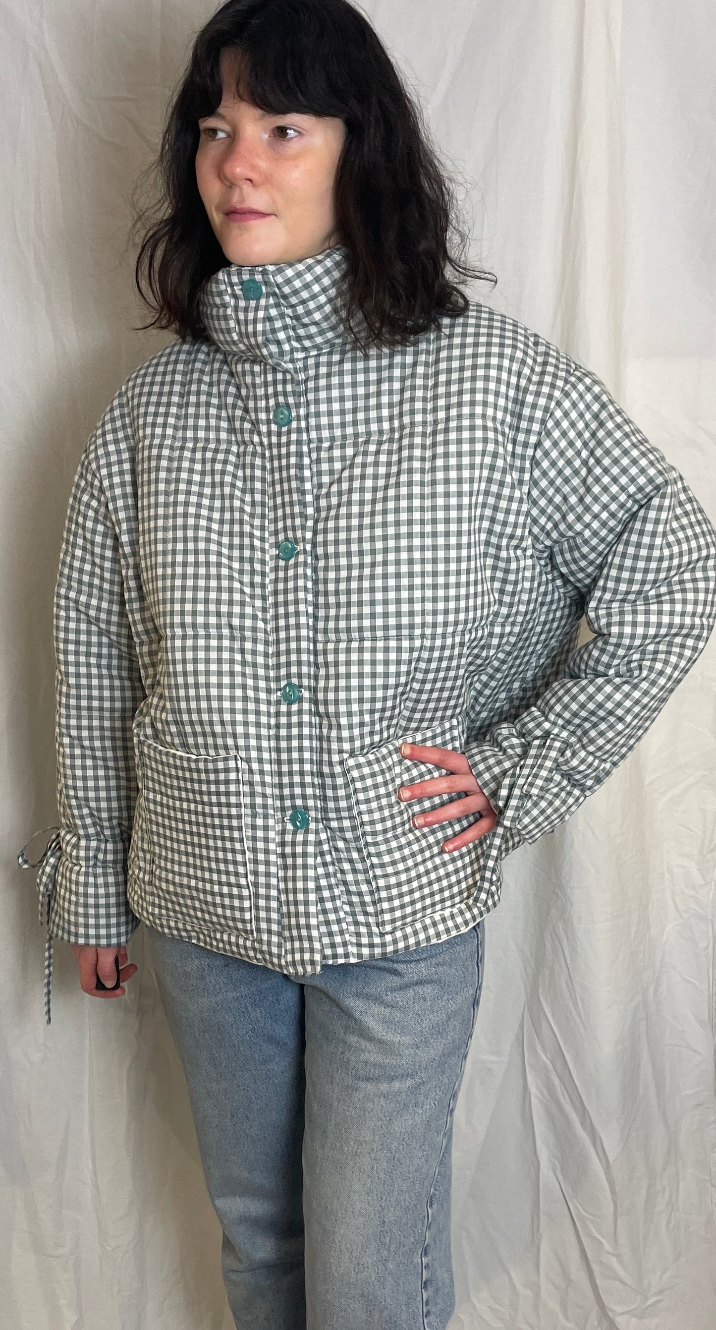 Handmade Green Gingham High Neck Quilted Puffer Jacket with Drawstring Cuffs - Size L