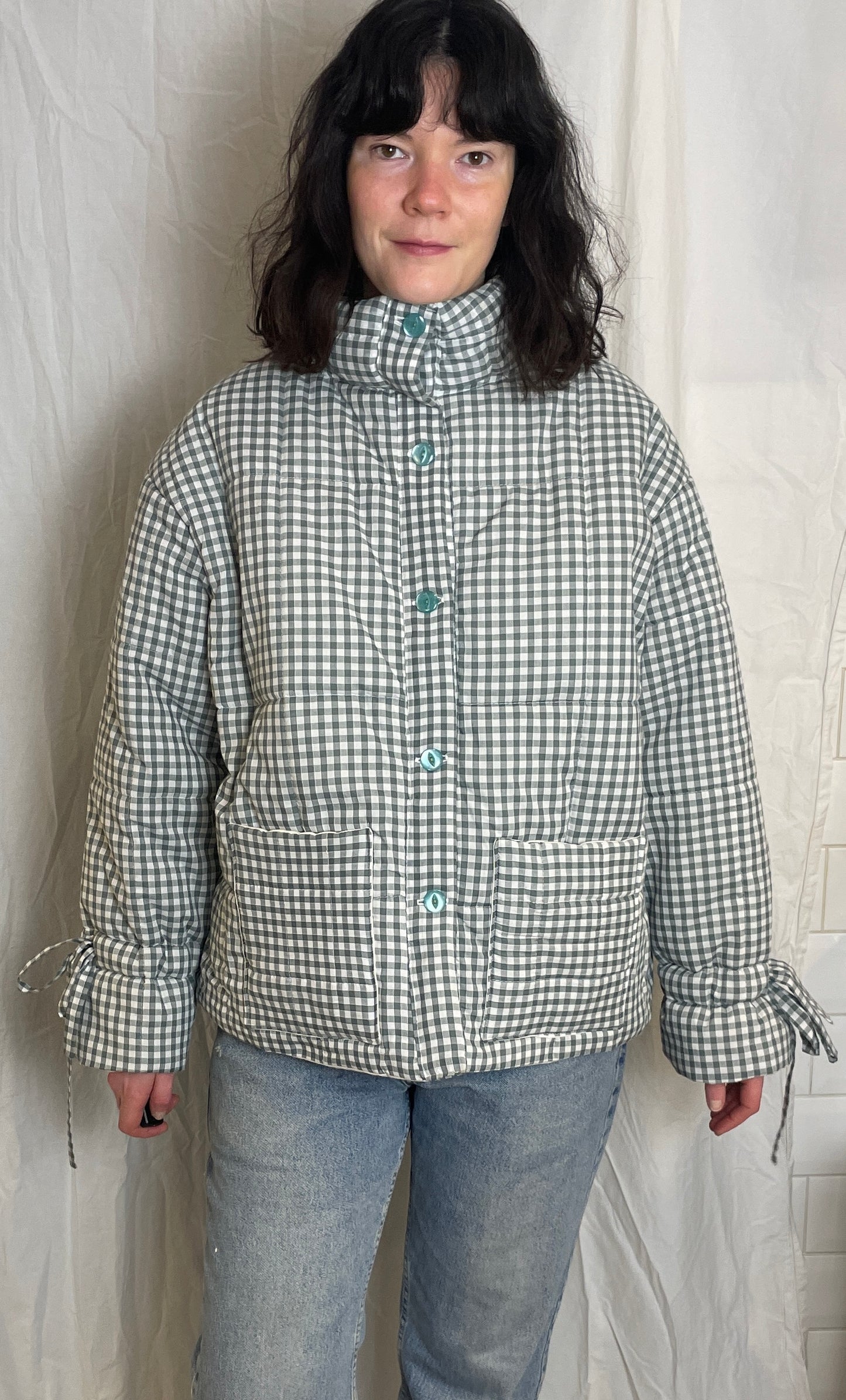 Handmade Green Gingham High Neck Quilted Puffer Jacket with Drawstring Cuffs - Size L