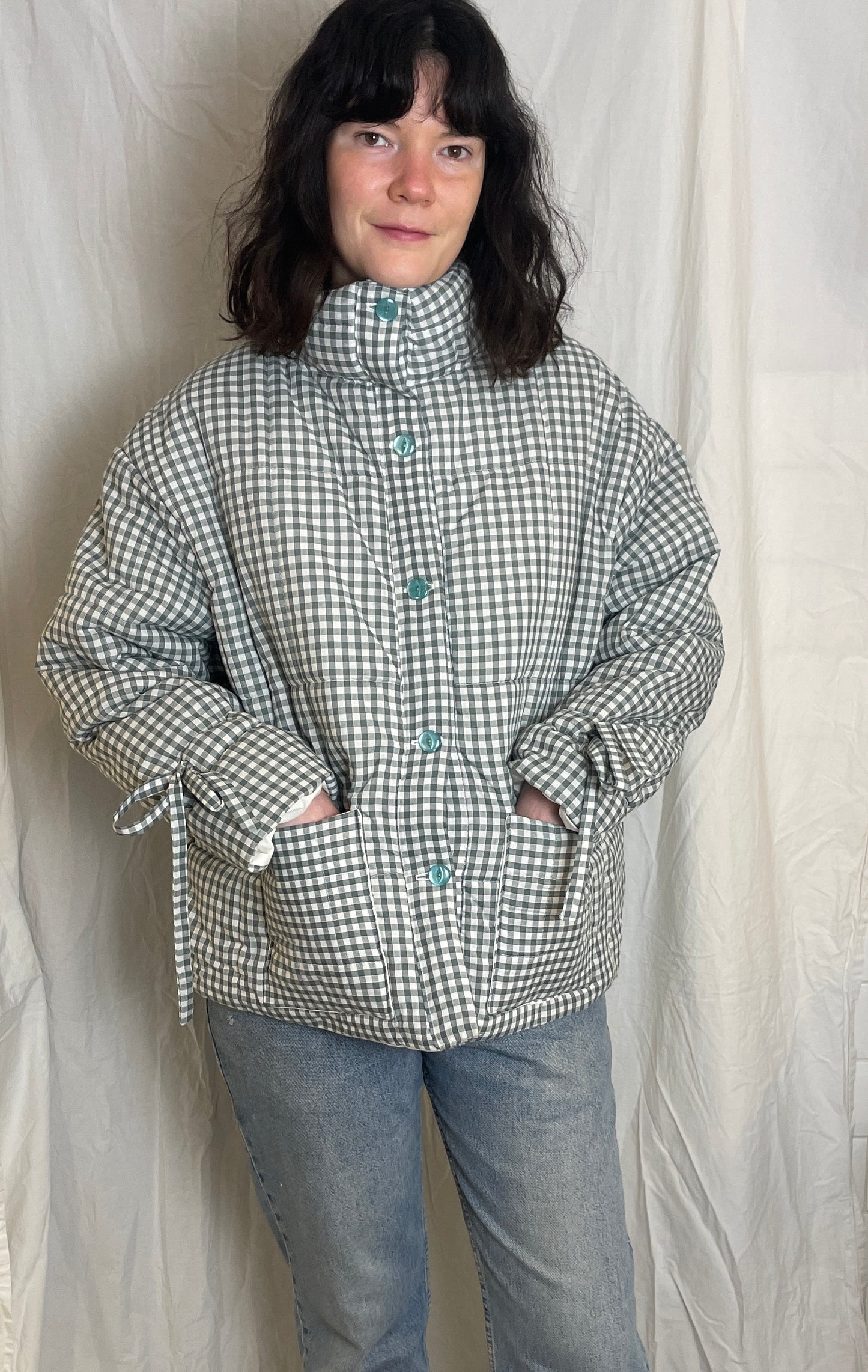 Handmade Green Gingham High Neck Quilted Puffer Jacket with Drawstring Cuffs - Size L