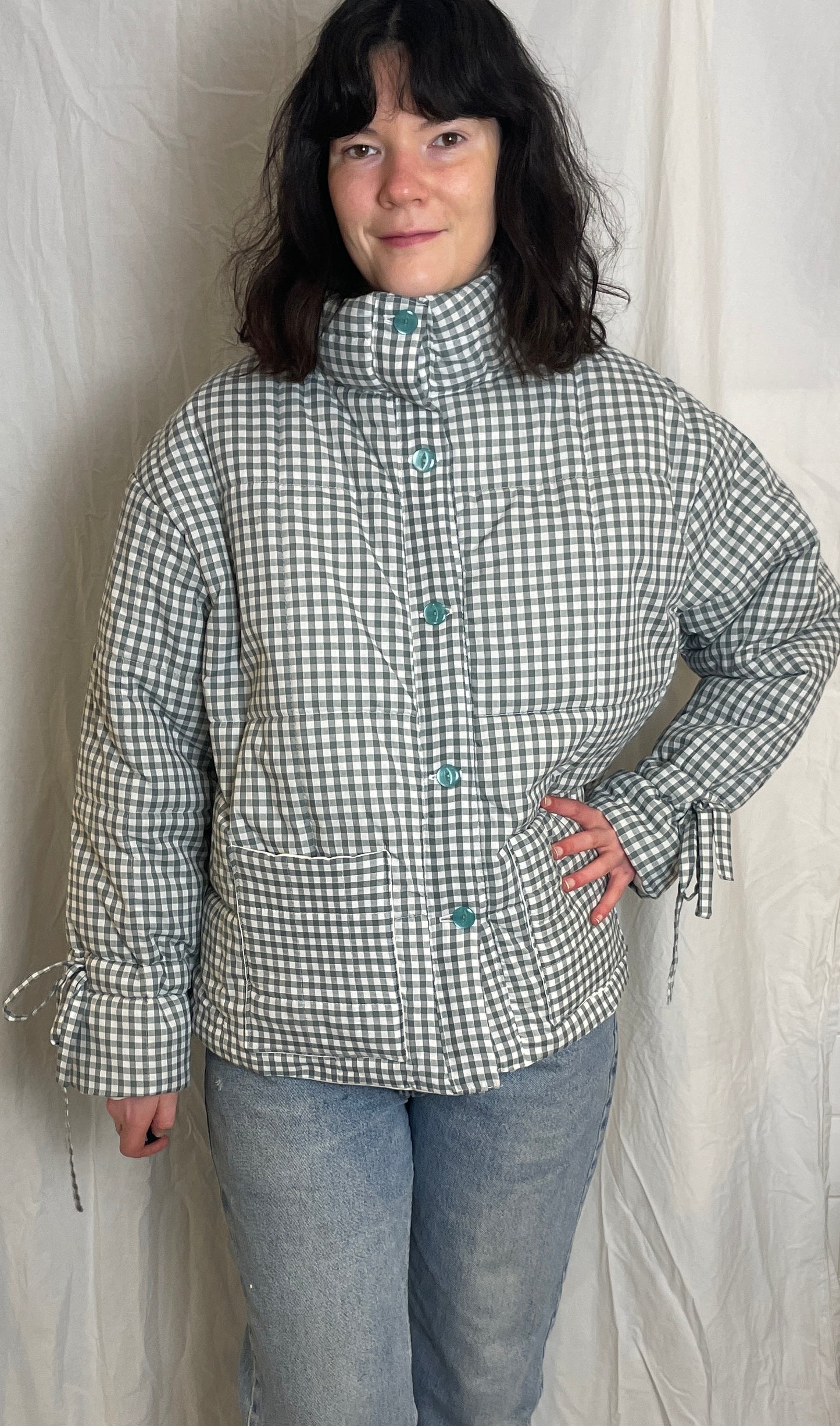 Handmade Green Gingham High Neck Quilted Puffer Jacket with Drawstring Cuffs - Size L