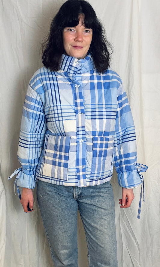 Handmade Blue Check High Neck Quilted Puffer Jacket with Drawstring Cuffs - Size S