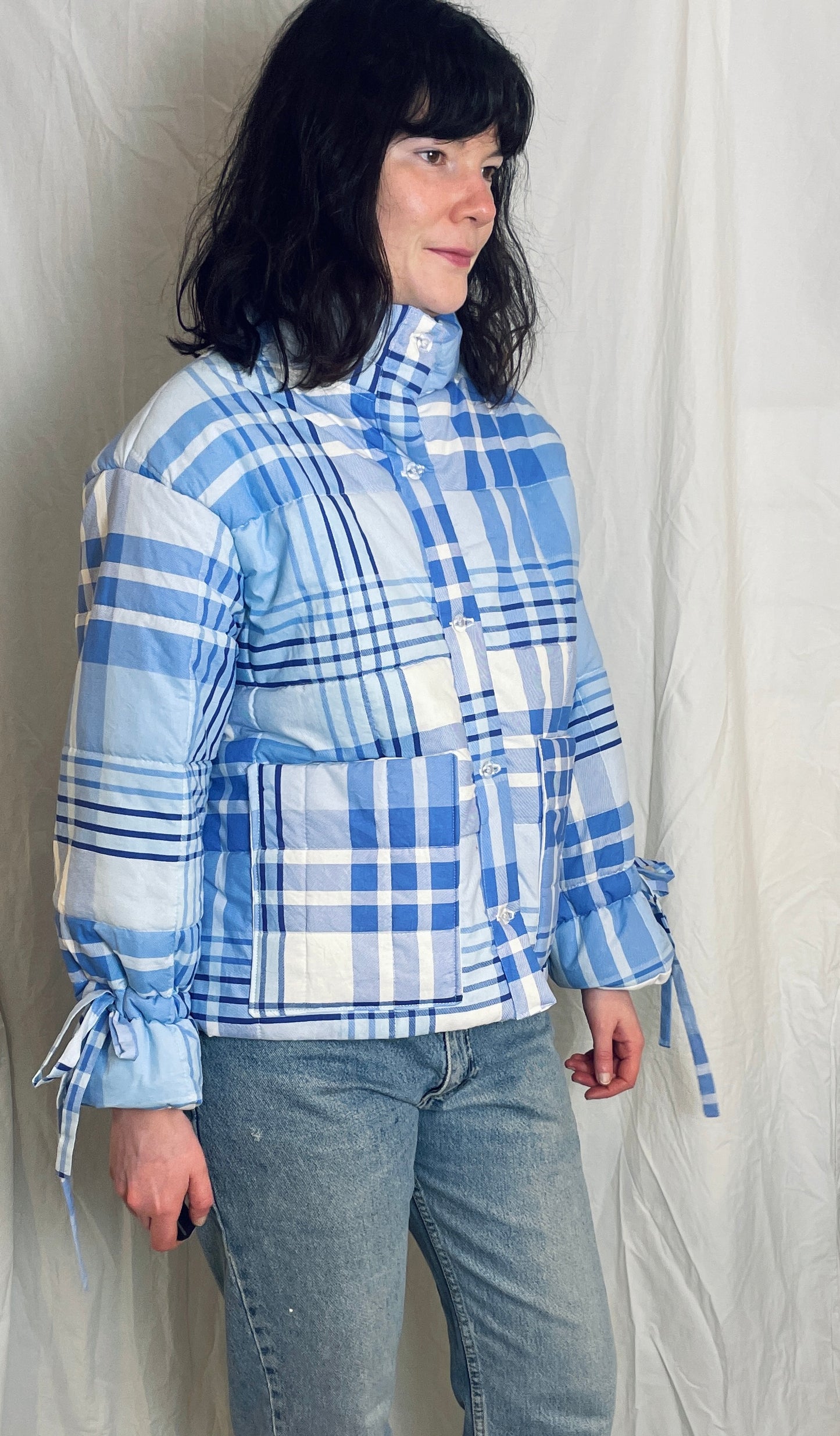 Handmade Blue Check High Neck Quilted Puffer Jacket with Drawstring Cuffs - Size S