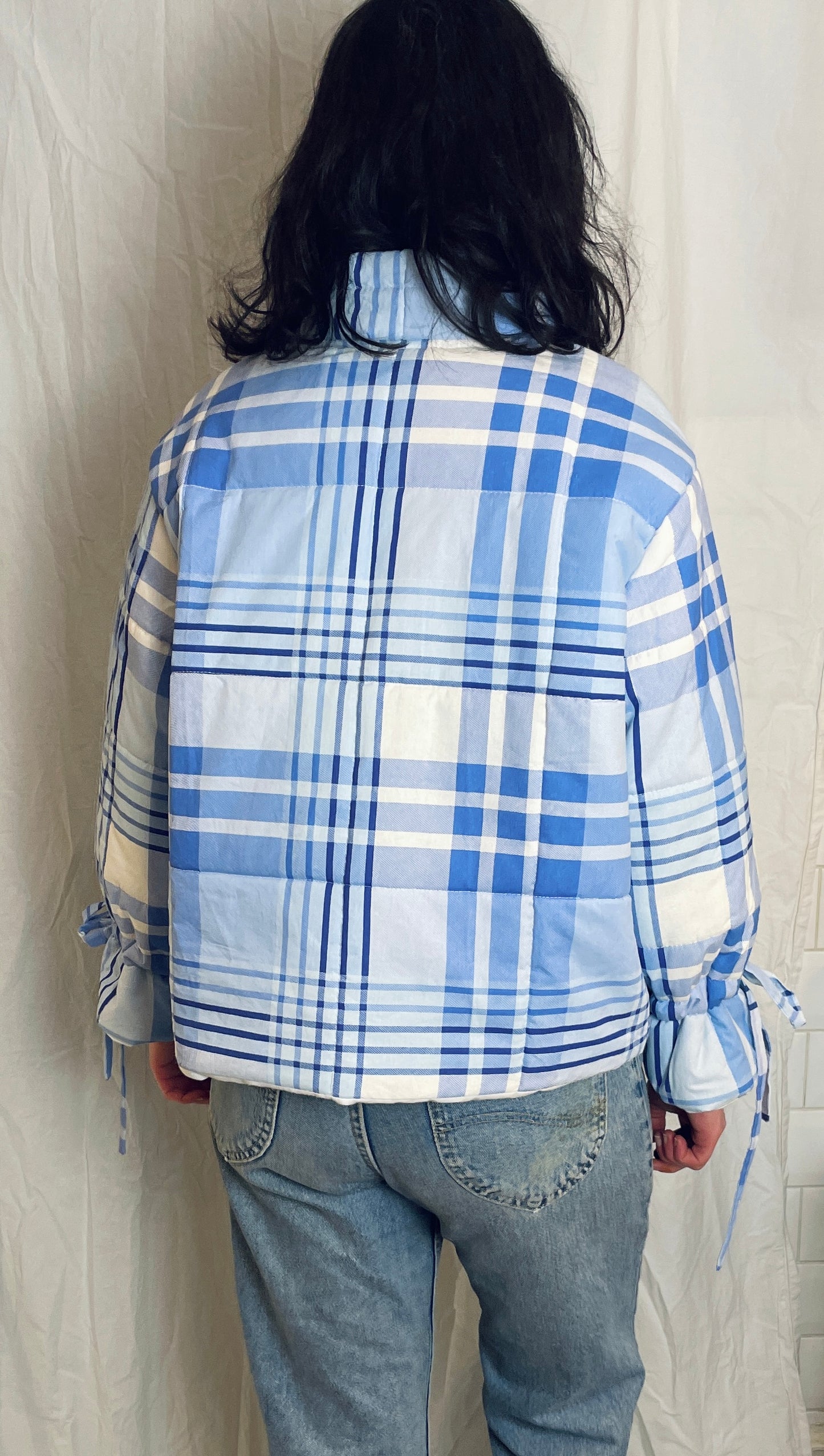 Handmade Blue Check High Neck Quilted Puffer Jacket with Drawstring Cuffs - Size S