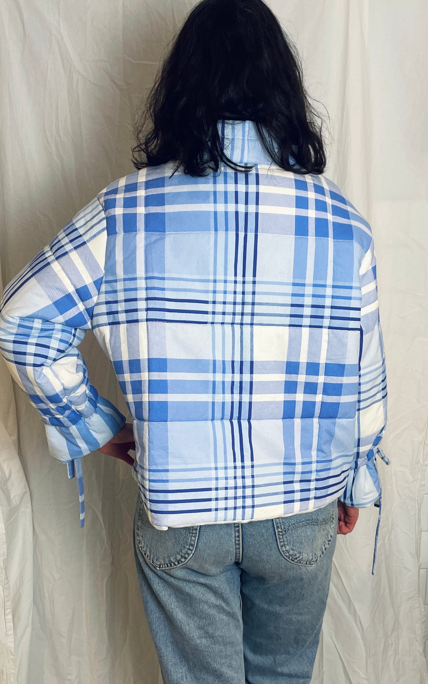 Handmade Blue Check High Neck Quilted Puffer Jacket with Drawstring Cuffs - Size S