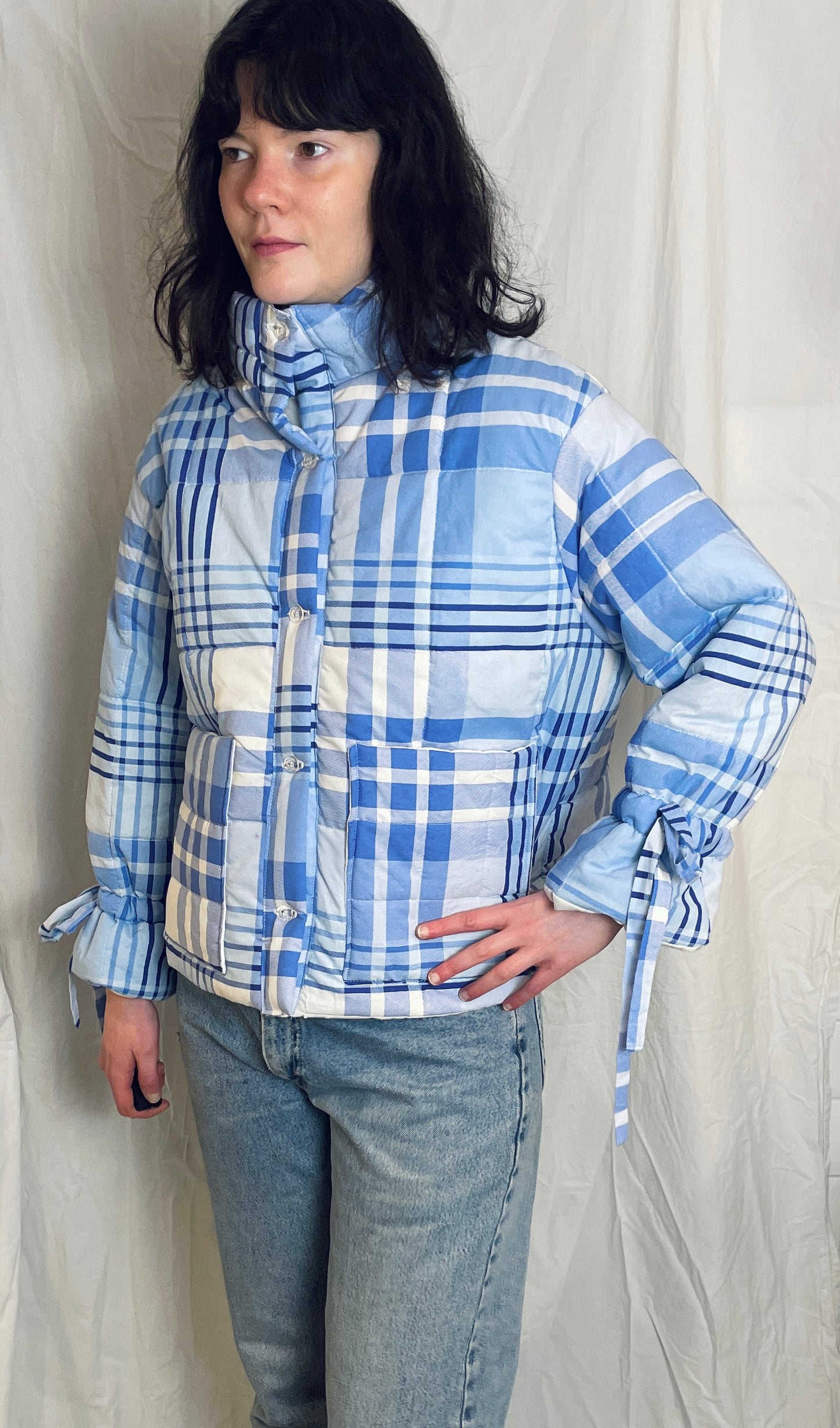 Handmade Blue Check High Neck Quilted Puffer Jacket with Drawstring Cuffs - Size S