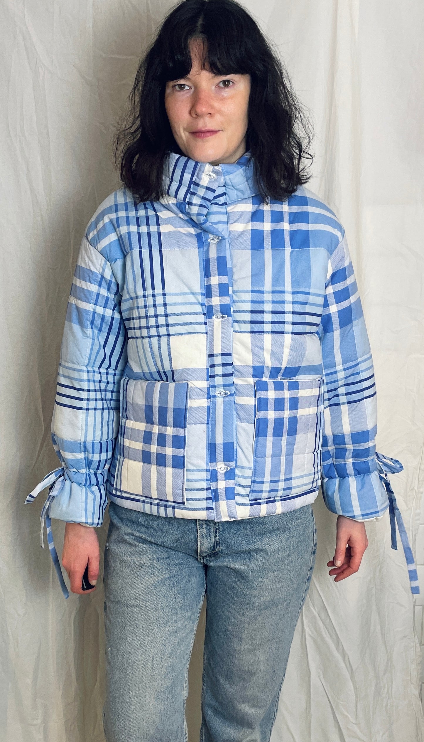 Handmade Blue Check High Neck Quilted Puffer Jacket with Drawstring Cuffs - Size S