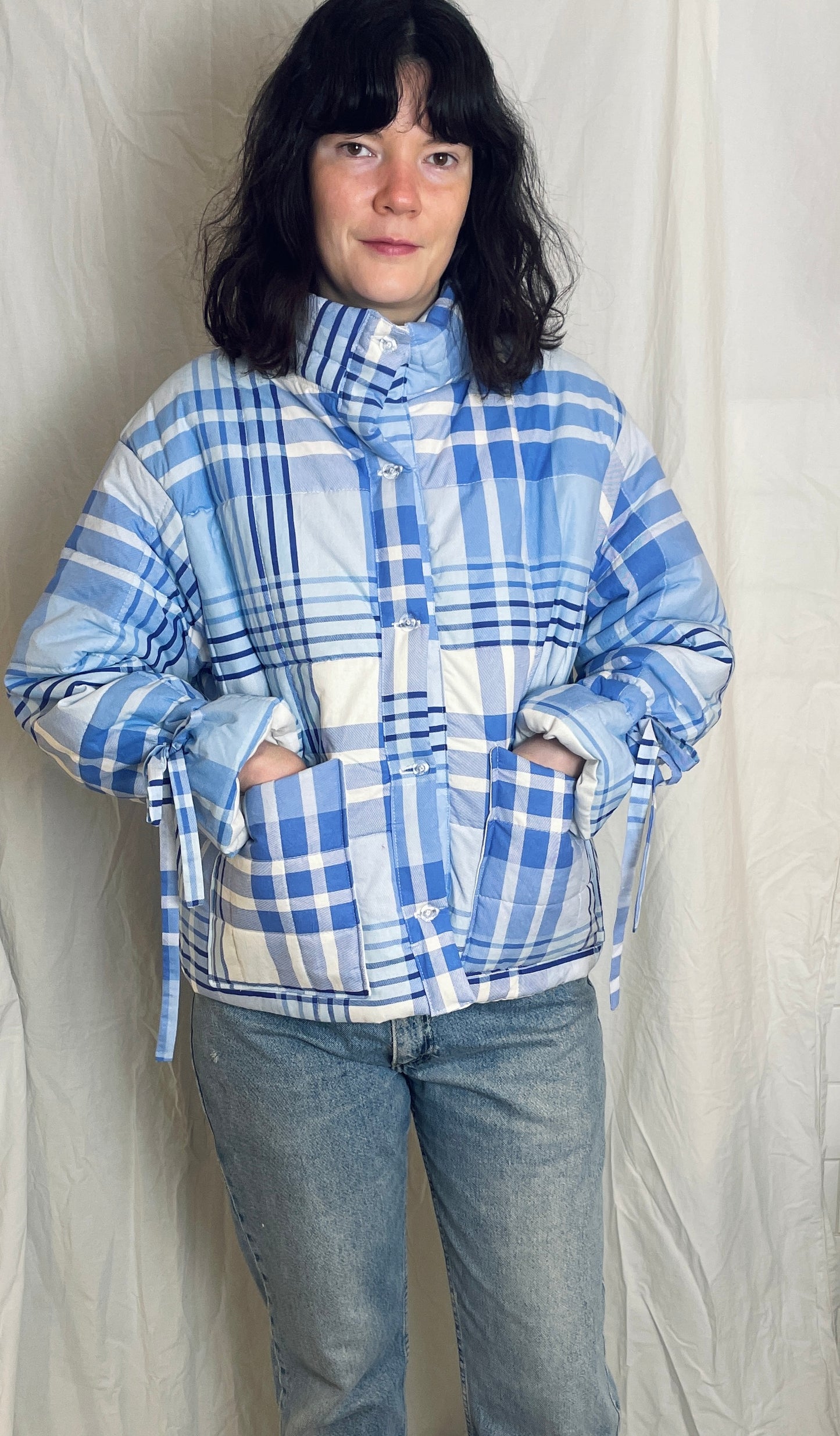 Handmade Blue Check High Neck Quilted Puffer Jacket with Drawstring Cuffs - Size S