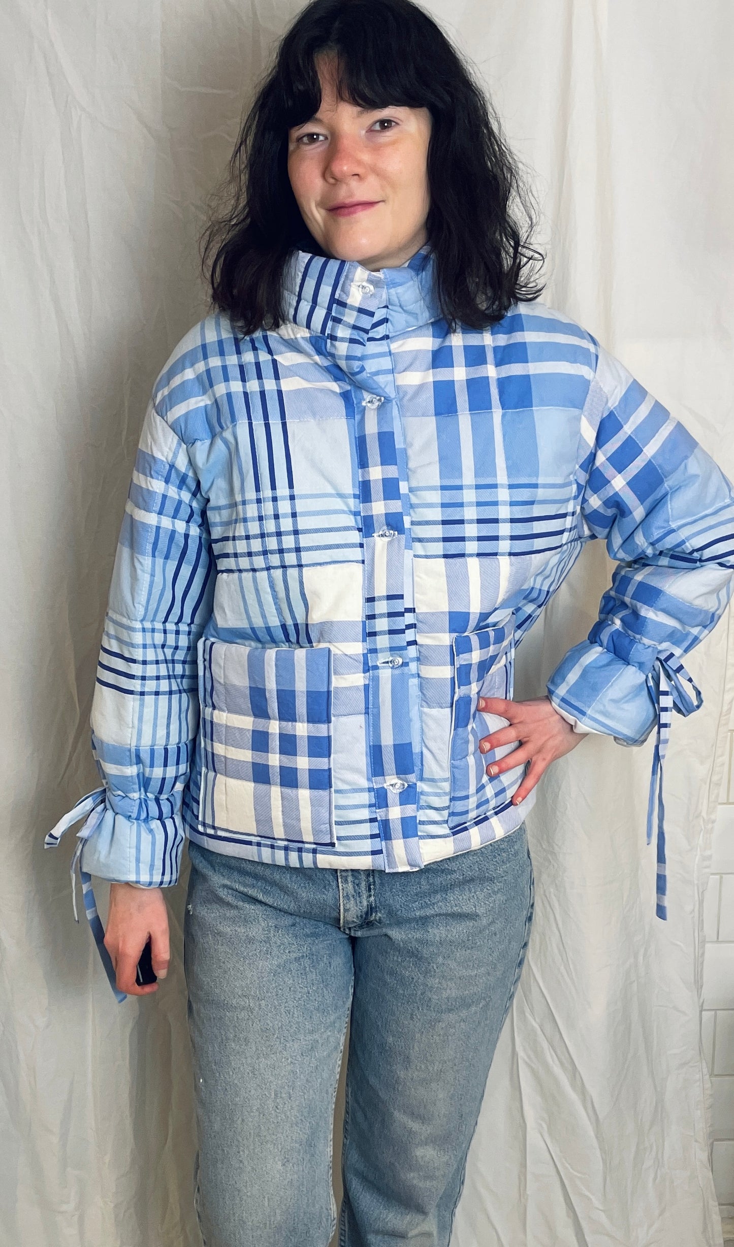 Handmade Blue Check High Neck Quilted Puffer Jacket with Drawstring Cuffs - Size S