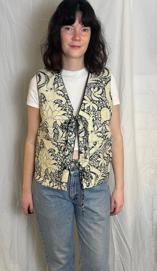 Zoe Handmade Navy Blue and Yellow Floral Tie Front Quilted Vest Gilet - Up To Size 12
