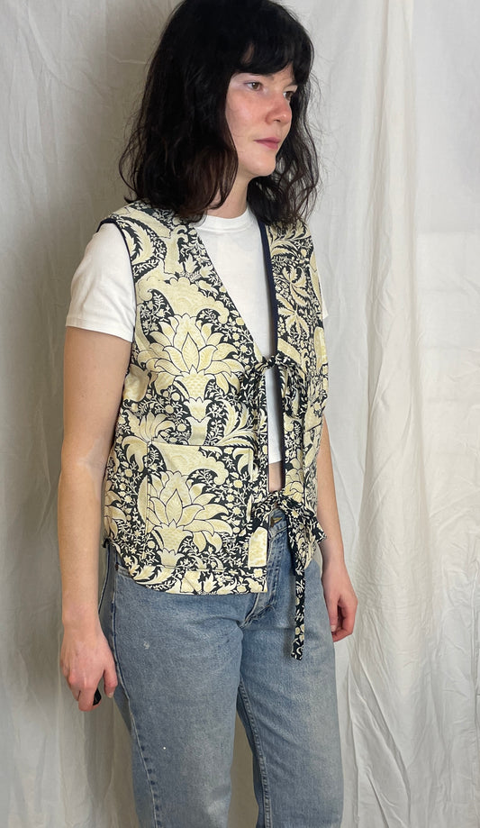 Zoe Handmade Navy Blue and Yellow Floral Tie Front Quilted Vest Gilet - Up To Size 12